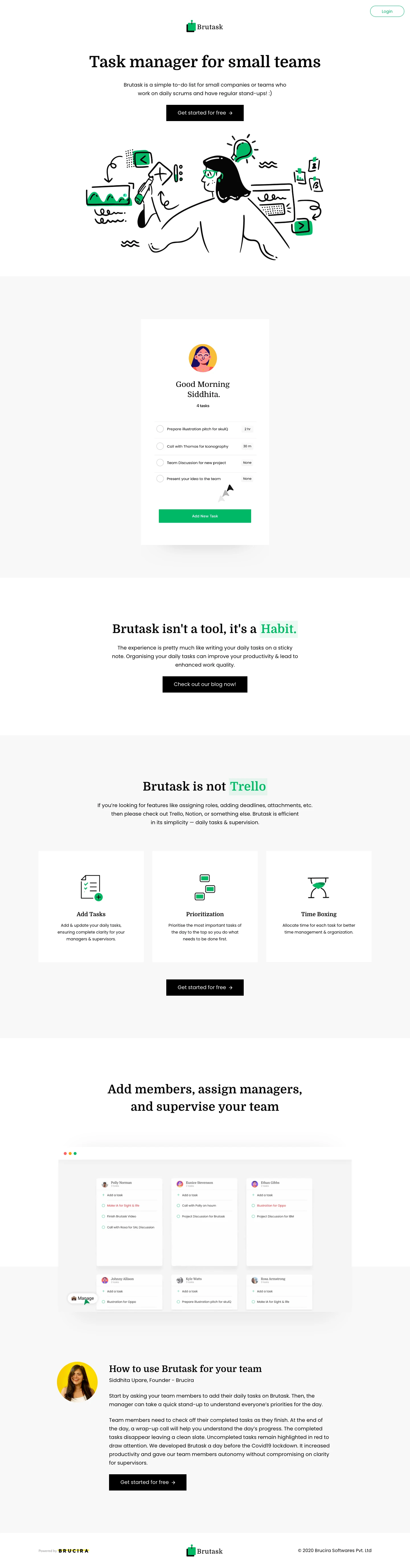 Brutask Landing Page Example: Brutask is a simple task management app created by Brucira, for small teams who take regular stand-ups.  Add tasks, allocate time, and supervise your teams daily progress.