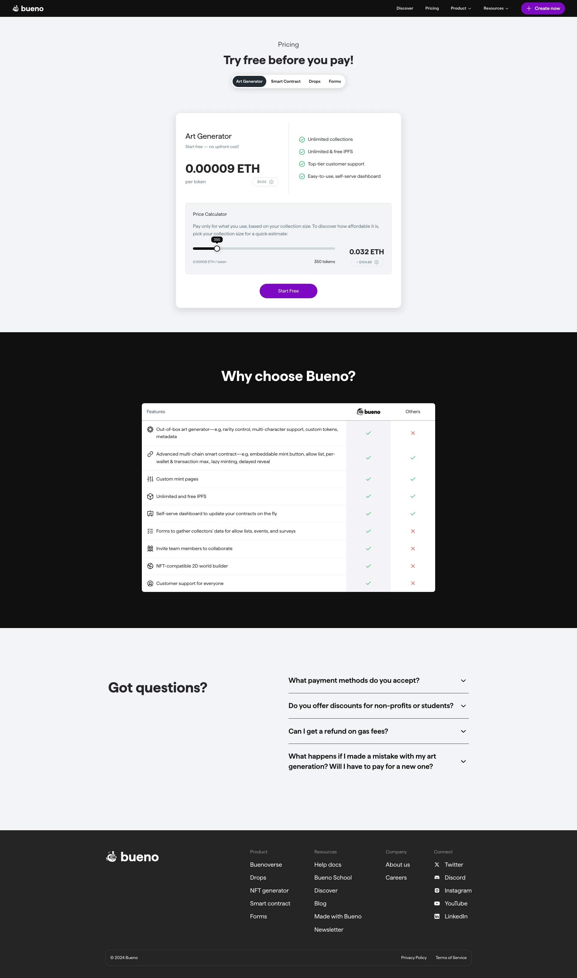 Bueno Landing Page Example: A set of no-code tools for NFT creators to generate NFT collections and deploy smart contracts quickly. Just upload your assets, play with rarity, set rules, preview a set, and develop your collection in seconds with multi-chain metadata included.