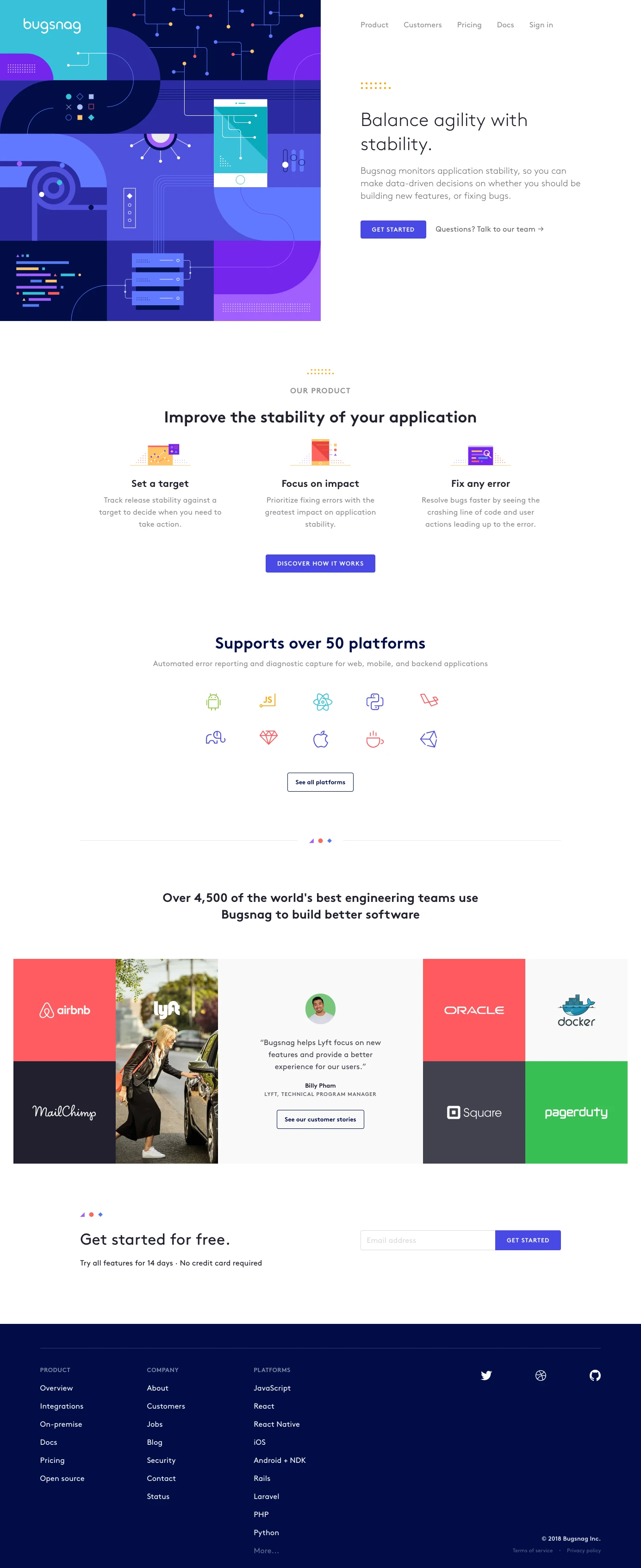 Bugsnag Landing Page Example: Bugsnag monitors application stability, so you can make data-driven decisions on whether you should be building new features, or fixing bugs.