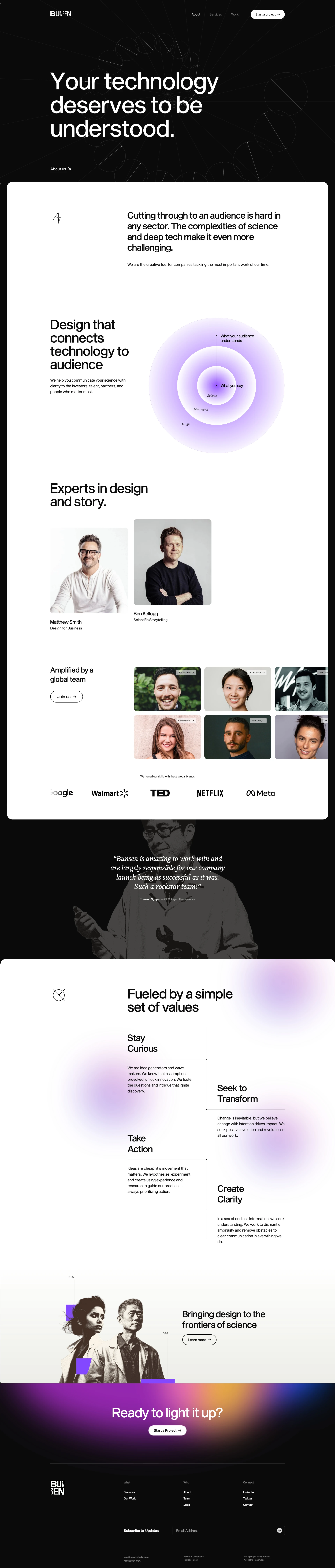 Bunsen Landing Page Example: Bunsen is a full-service creative and communications studio serving science and frontier technology companies.