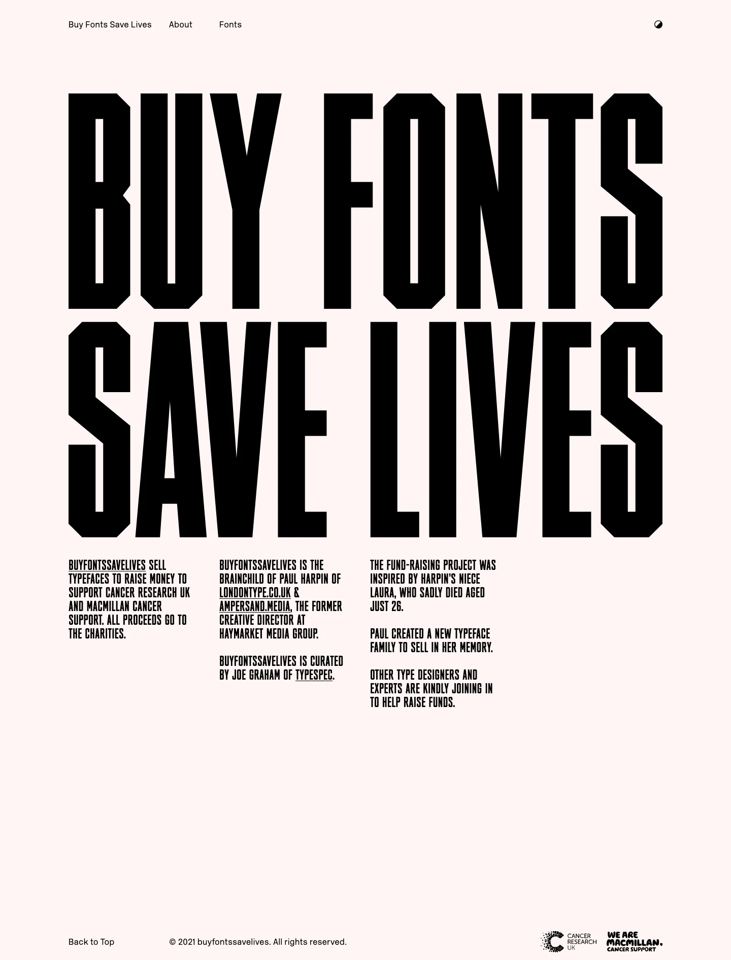 Buy Fonts Save Lives Landing Page Example: Buy Fonts Save Lives Sell typefaceS to raise money to Support cancer reSearch uk and macmillan cancer Support. All proceedS go to the charitieS.