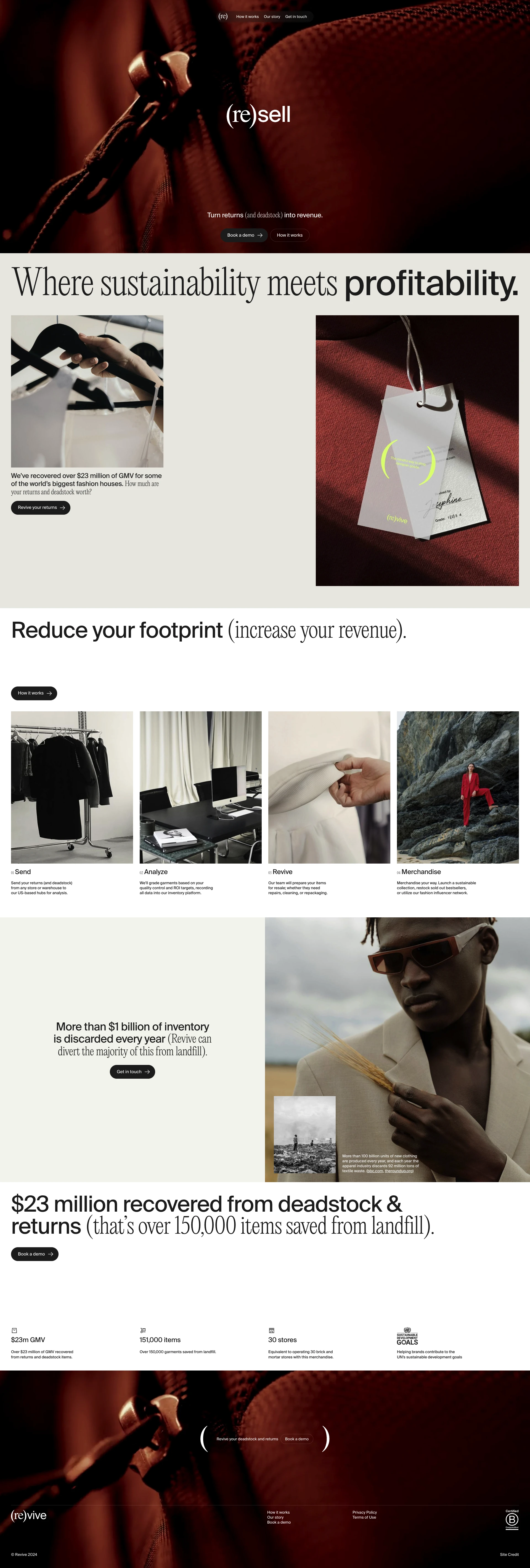 (Re)vive Landing Page Example: Where sustainability meets profitability. Turn returns (and deadstock) into revenue.