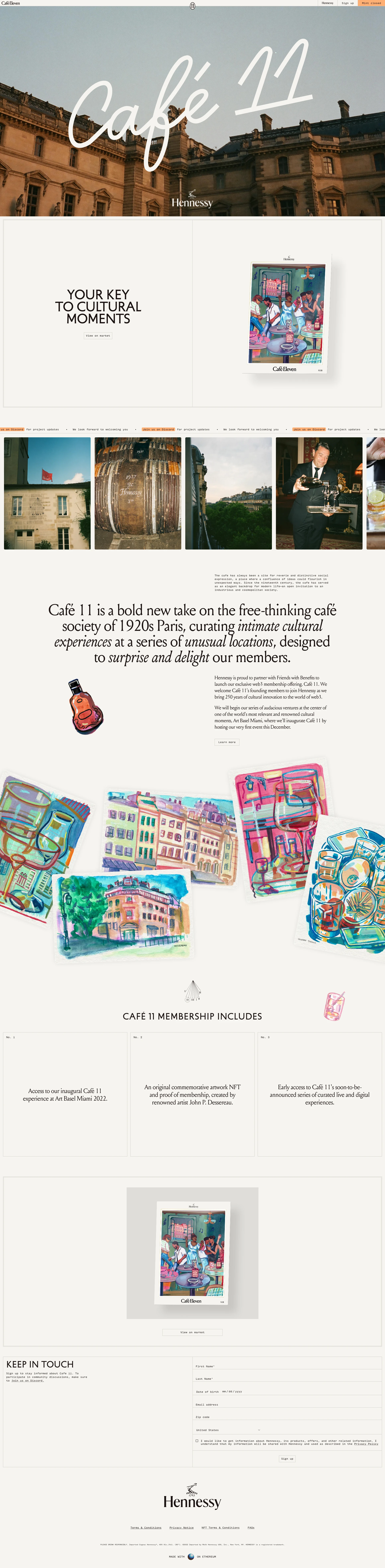 Café Eleven Landing Page Example: Discover the Cafe 11 NFT collection. Your Key to Cultural Moments brought to you by Hennessy and Friends with Benefits.