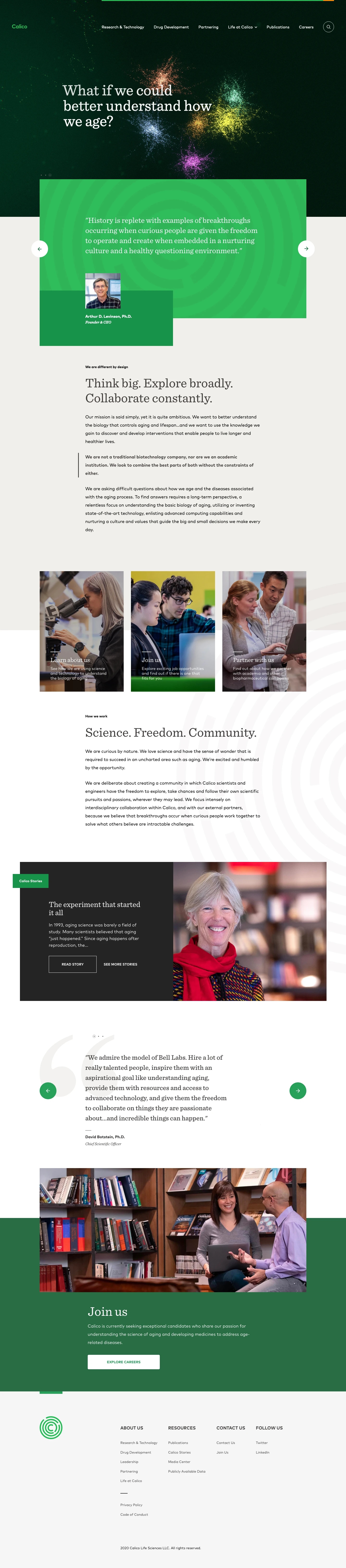 Calico Landing Page Example: Calico is a research and development company whose mission is to harness advanced technologies to increase our understanding of the biology that controls lifespan.