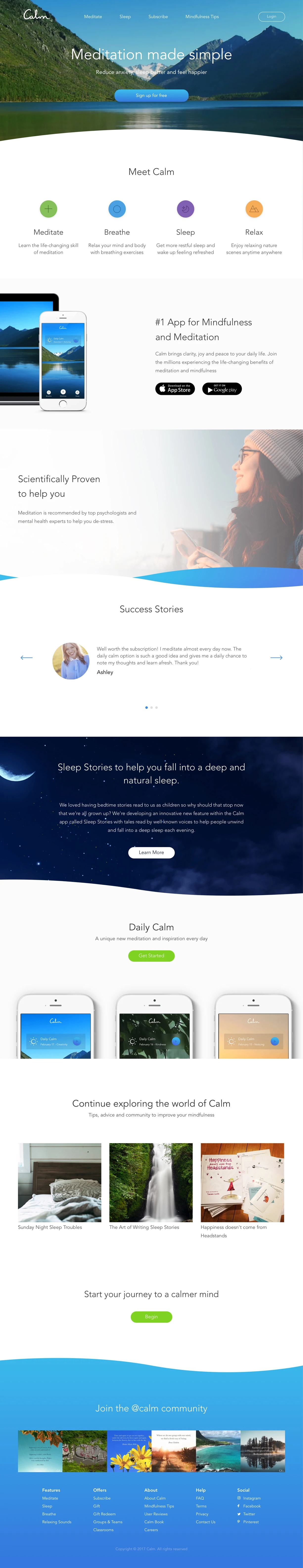 Calm Landing Page Example: Reduce anxiety, sleep better and feel happier