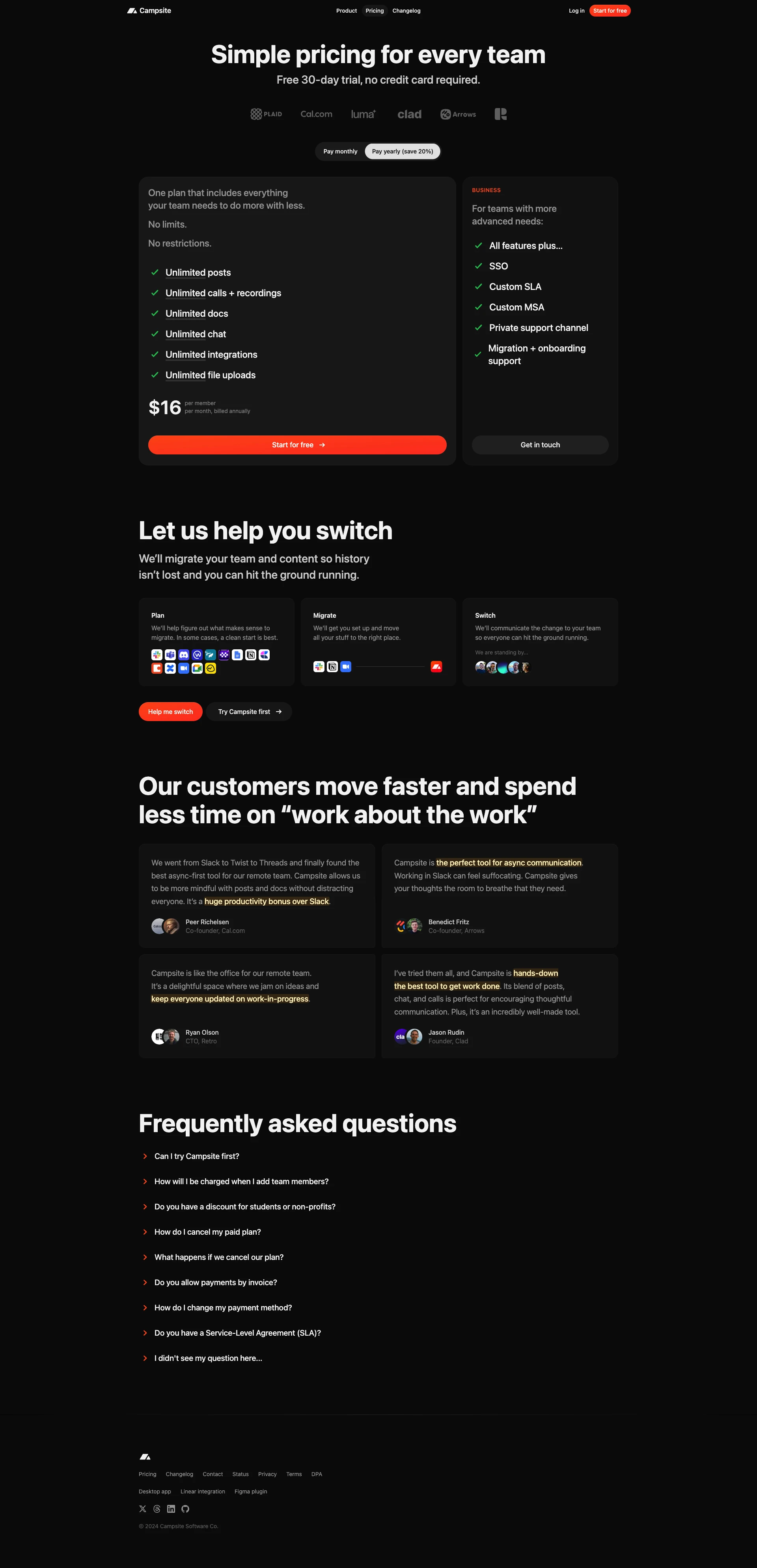 Campsite Landing Page Example: Scattered conversations are slowing your team down. Campsite combines posts, calls, docs, and chat so your team can move faster and stay focused.