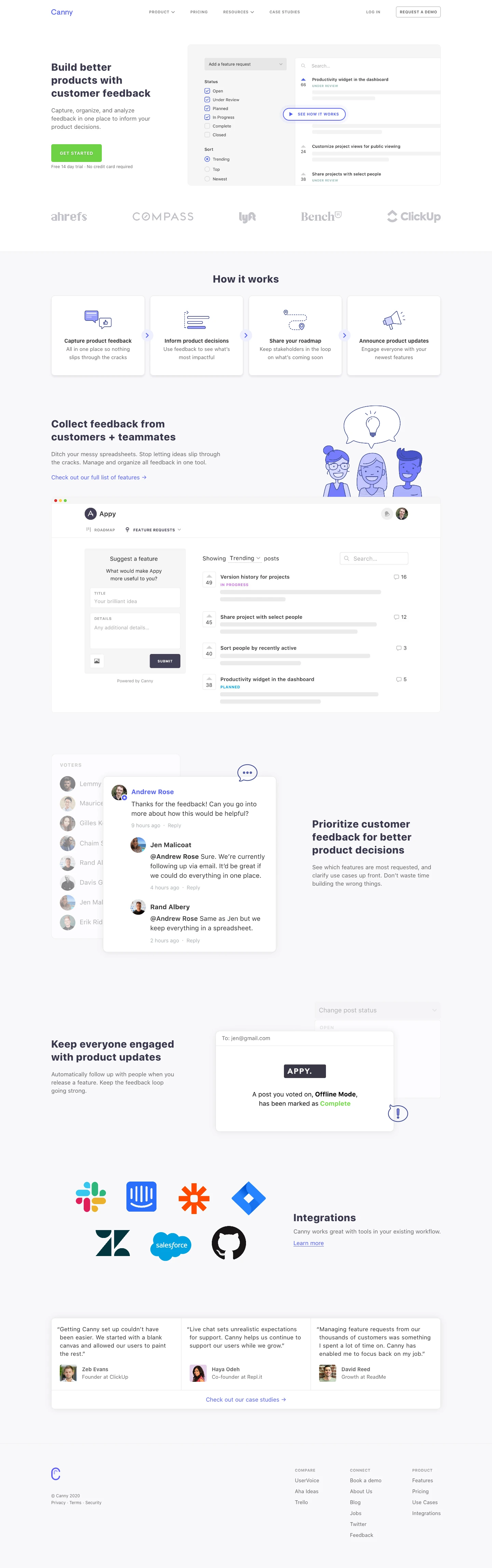 Canny Landing Page Example: Track feedback to build better products. Capture feedback in one organized place to inform your product decisions.