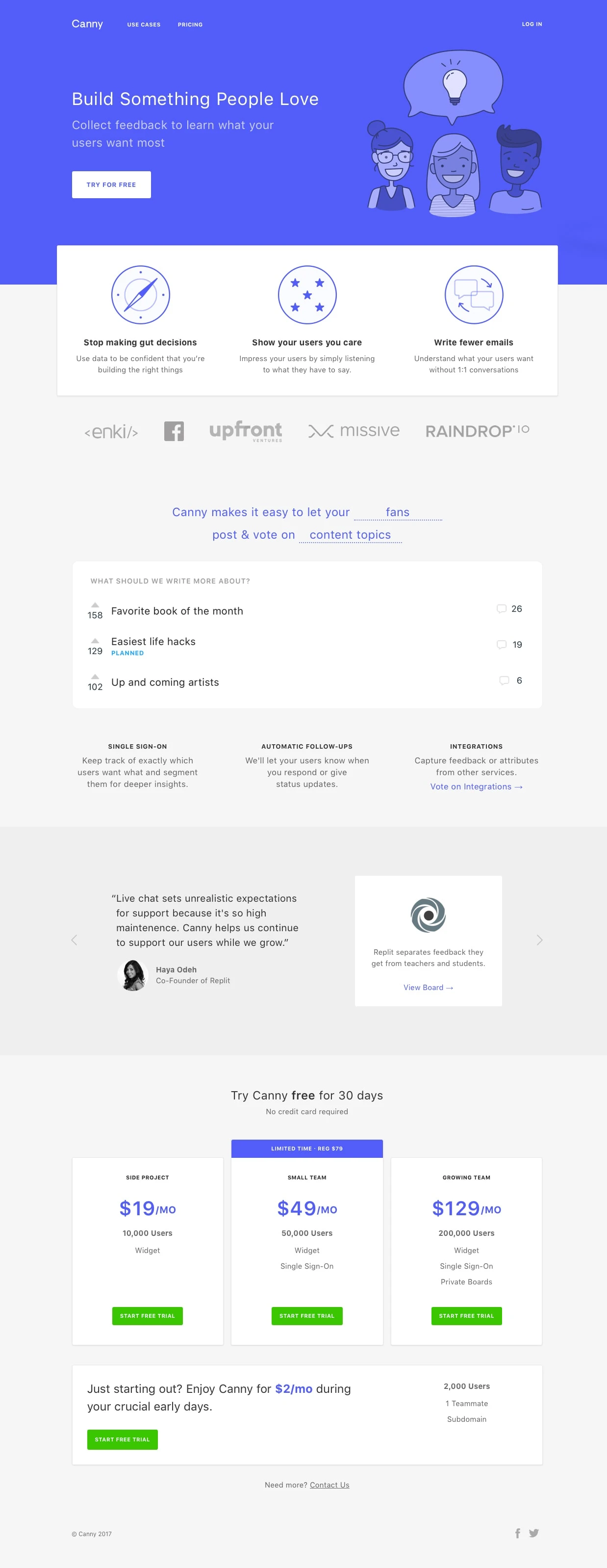 Canny Landing Page Example: Canny is the easiest way for your team to collect and organize feedback from your users.