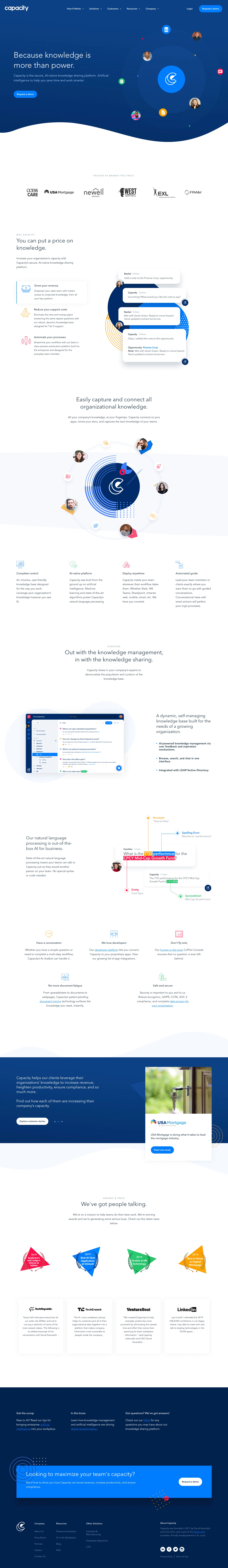Capacity Landing Page Example: Capacity is the secure, AI-native knowledge sharing platform. Artificial intelligence to help you save time and work smarter.
