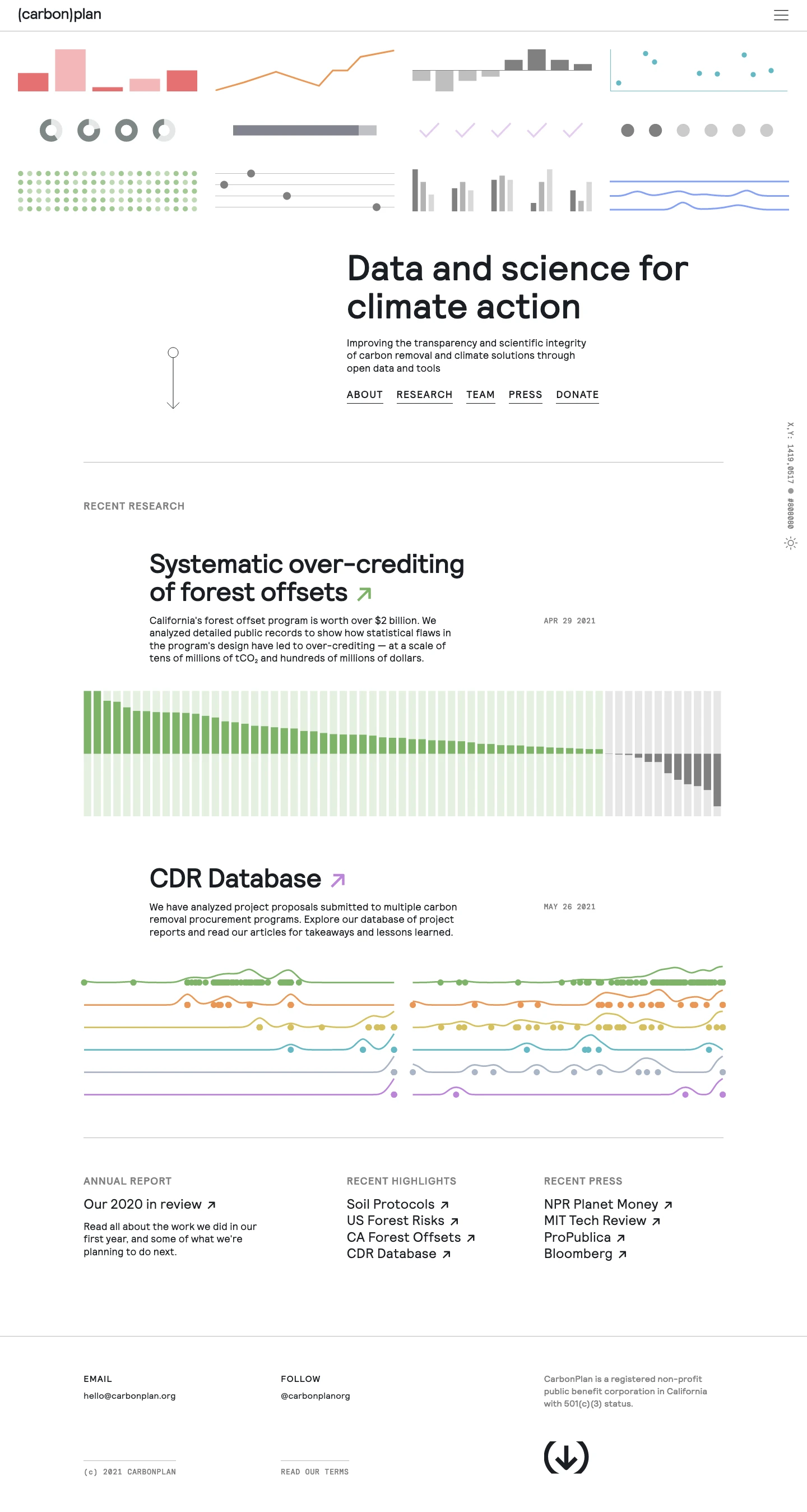 carbonplan Landing Page Example: Data and science for climate action. Improving the transparency and scientific integrity of carbon removal and climate solutions through open data and tools.