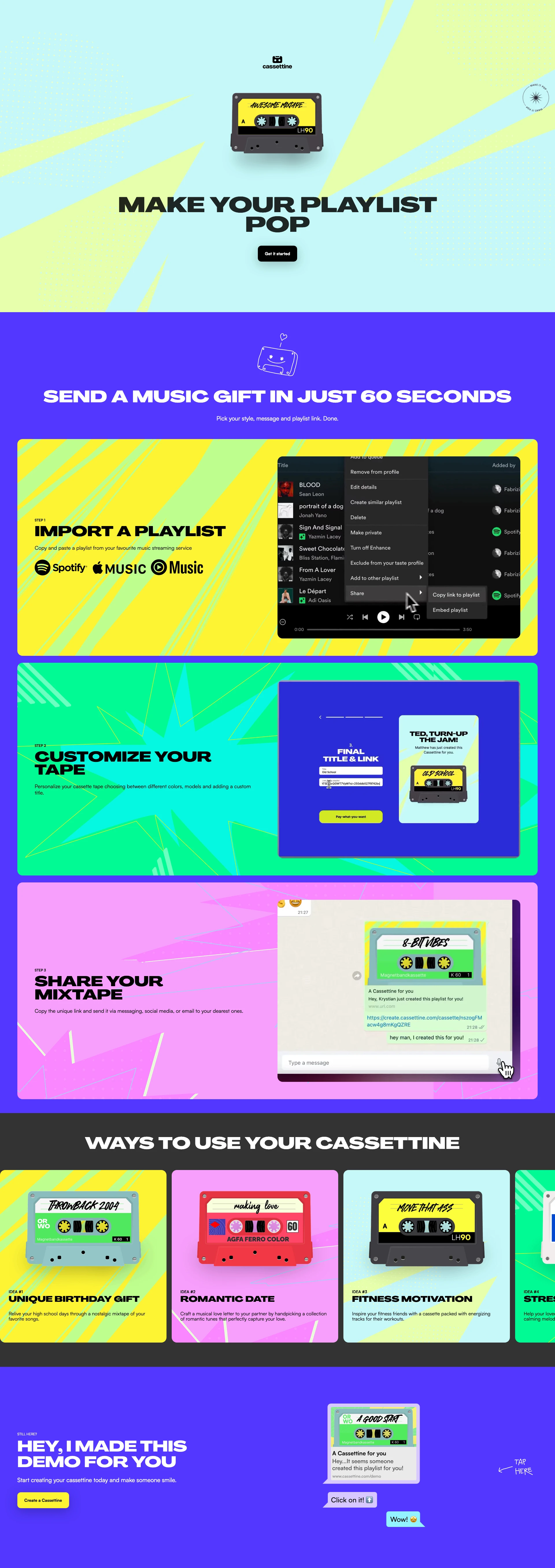 Cassettine Landing Page Example: Make your playlist pop. Send a customized music playlist from spotify, apple music or youtube music in just 60 seconds.