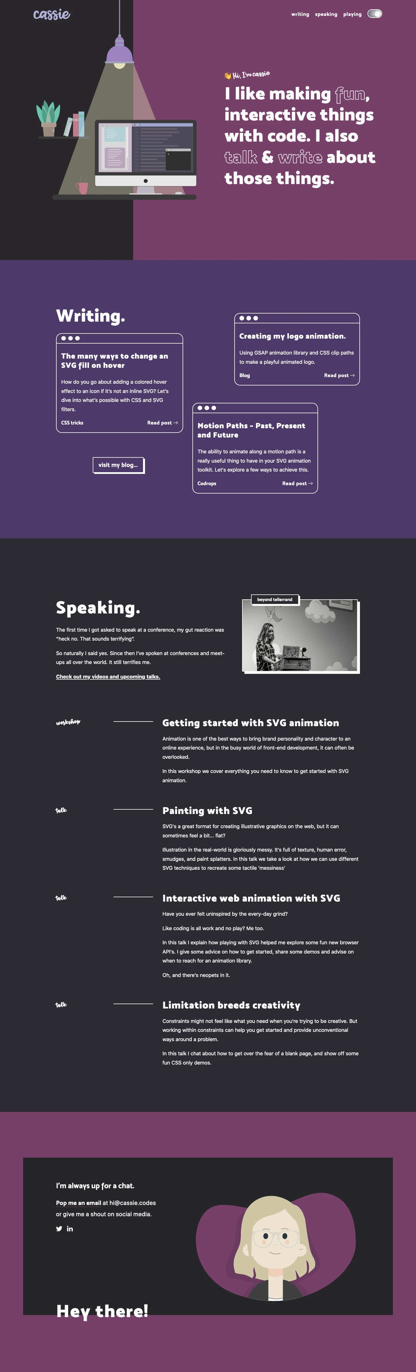 Cassie Evans Landing Page Example: Excitable musings about front-end development from Cassie Evans.