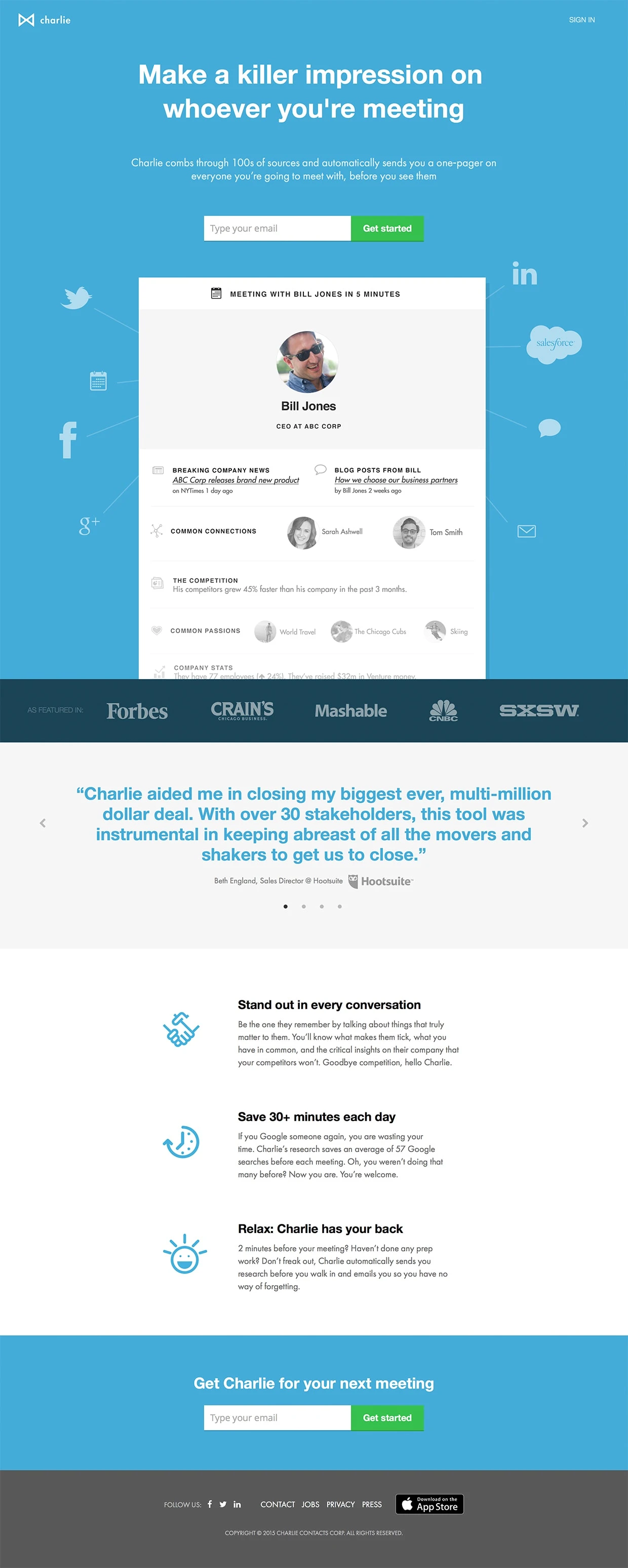 Charlie App Landing Page Example: Charlie combs through 100s of sources and automatically sends you a one-pager on everyone you're going to meet with, before you see them