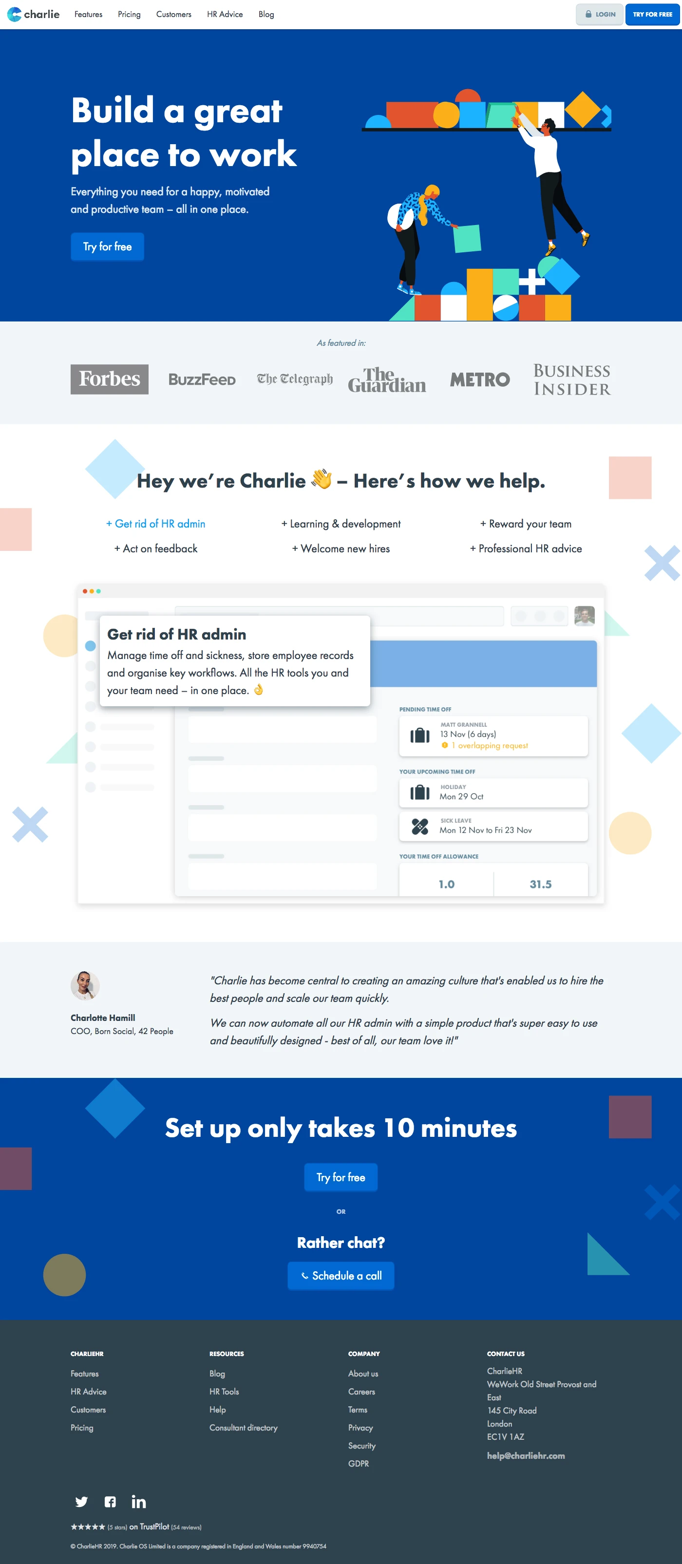 CharlieHR Landing Page Example: Everything you need for a happy, motivated and productive team – all in one place.