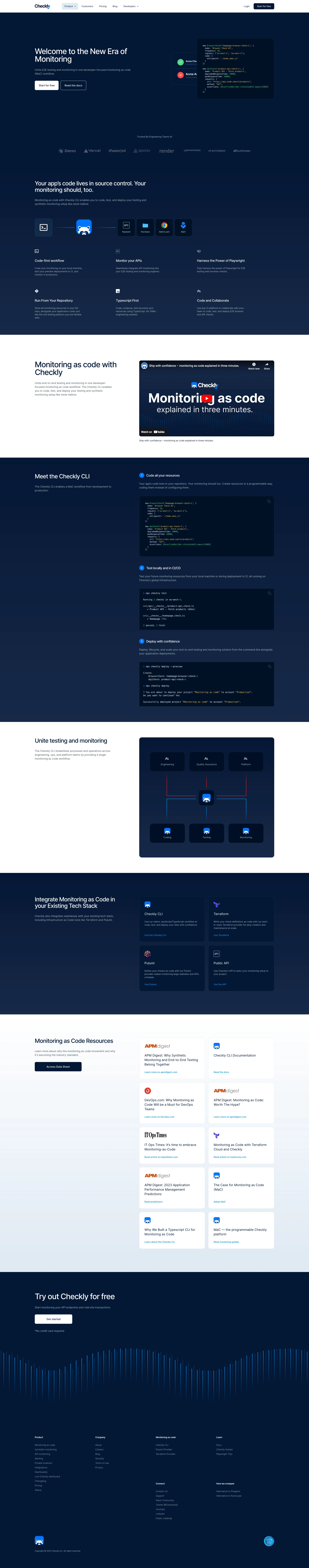 Checkly Landing Page Example: Monitoring as code workflow for developers: programmable, fast, reliable.