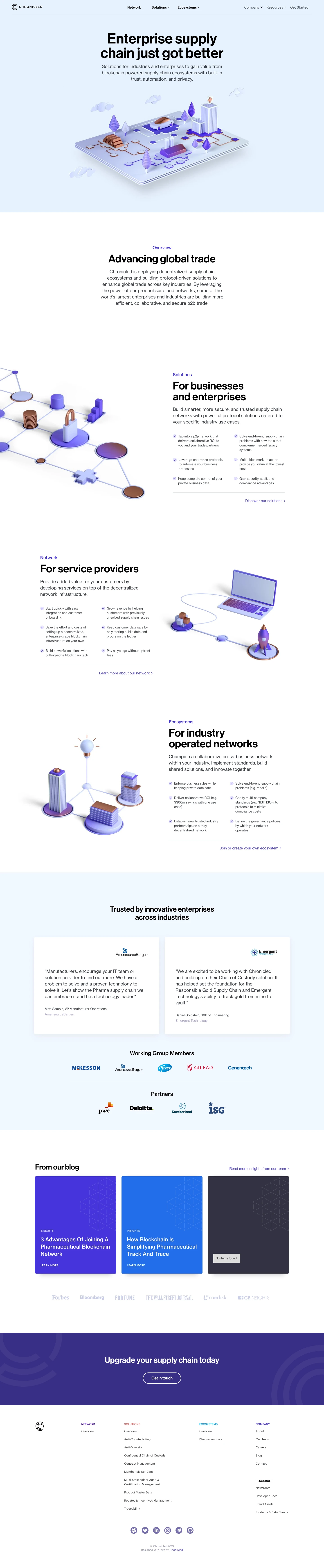 Chronicled Landing Page Example: Enterprise supply chain just got better. Solutions for industries and enterprises to gain value from blockchain powered supply chain ecosystems with built-in trust, automation, and privacy.