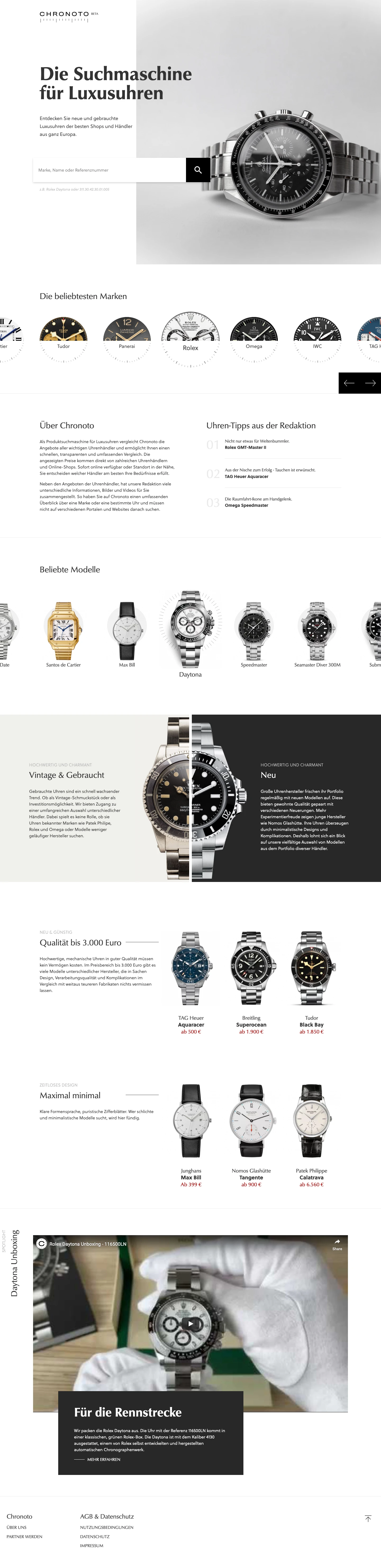 Chronoto Landing Page Example: Discover new and used luxury watches from the best shops and dealers from all over Europe.