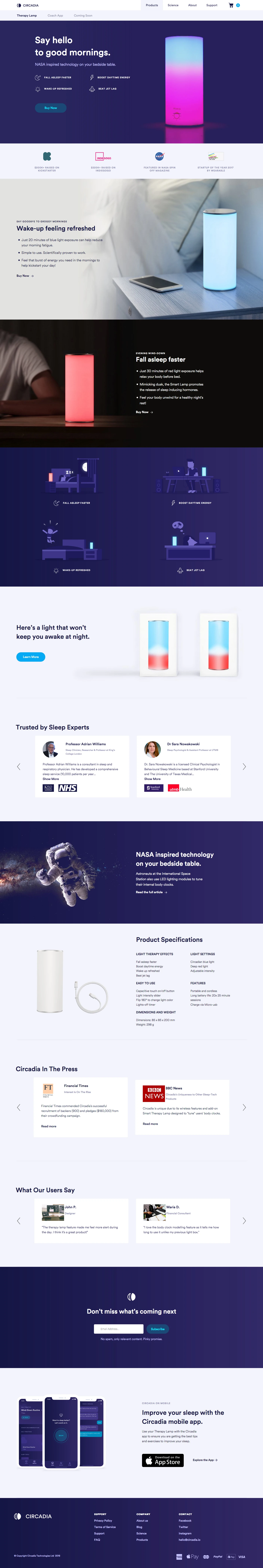 Circadia  Landing Page Example: NASA inspired technology to improve sleep, mood, and energy using artificial intelligence. As seen on Kickstarter, Indiegogo, TechCrunch, BBC, Financial Times, NBC