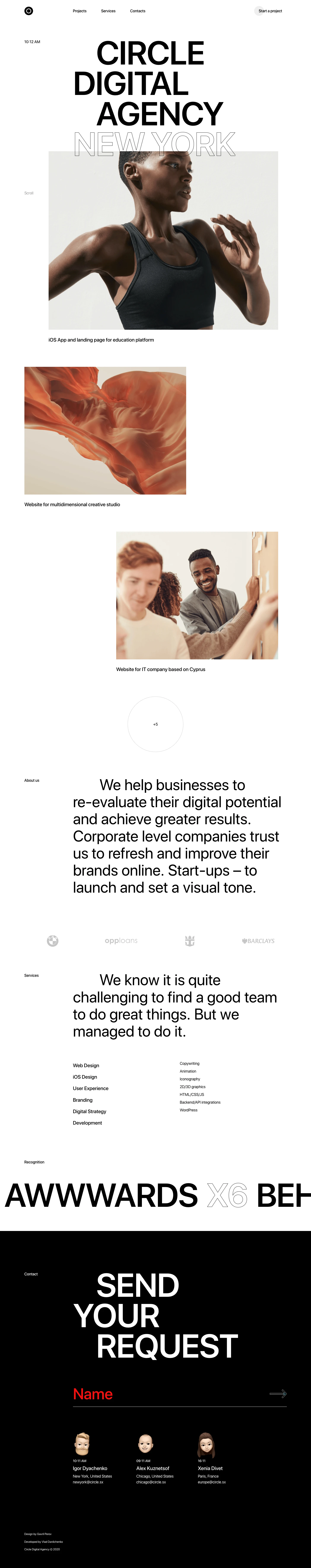 Circle Landing Page Example: Digital Agency in New York City, Chicago & Paris. Clients include Mastercard, Barclays, Adobe, BMW, Ducati etc.