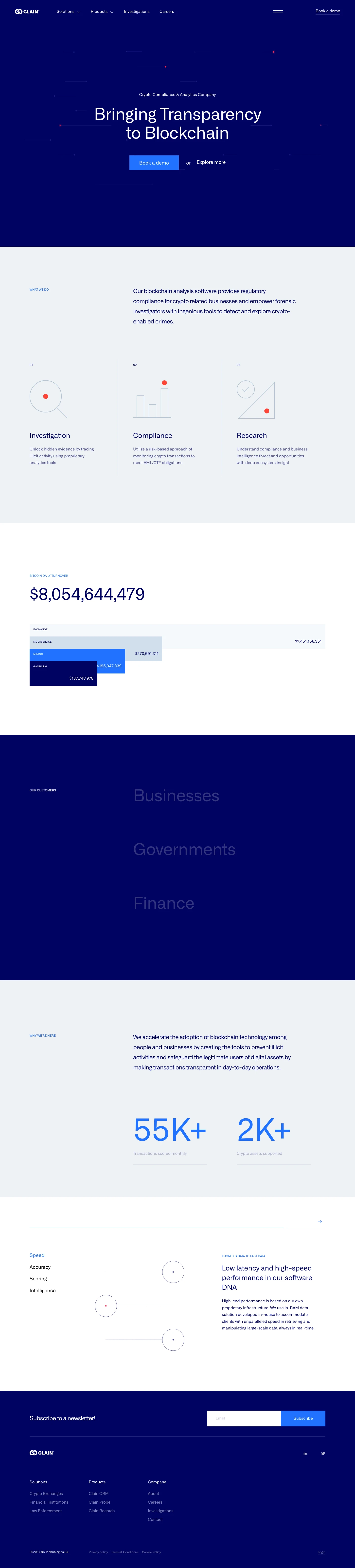 Clain Landing Page Example: Clain provides regulatory compliance for crypto-related businesses and empower forensic investigators with capable tools to detect and explore crypto-enabled crimes