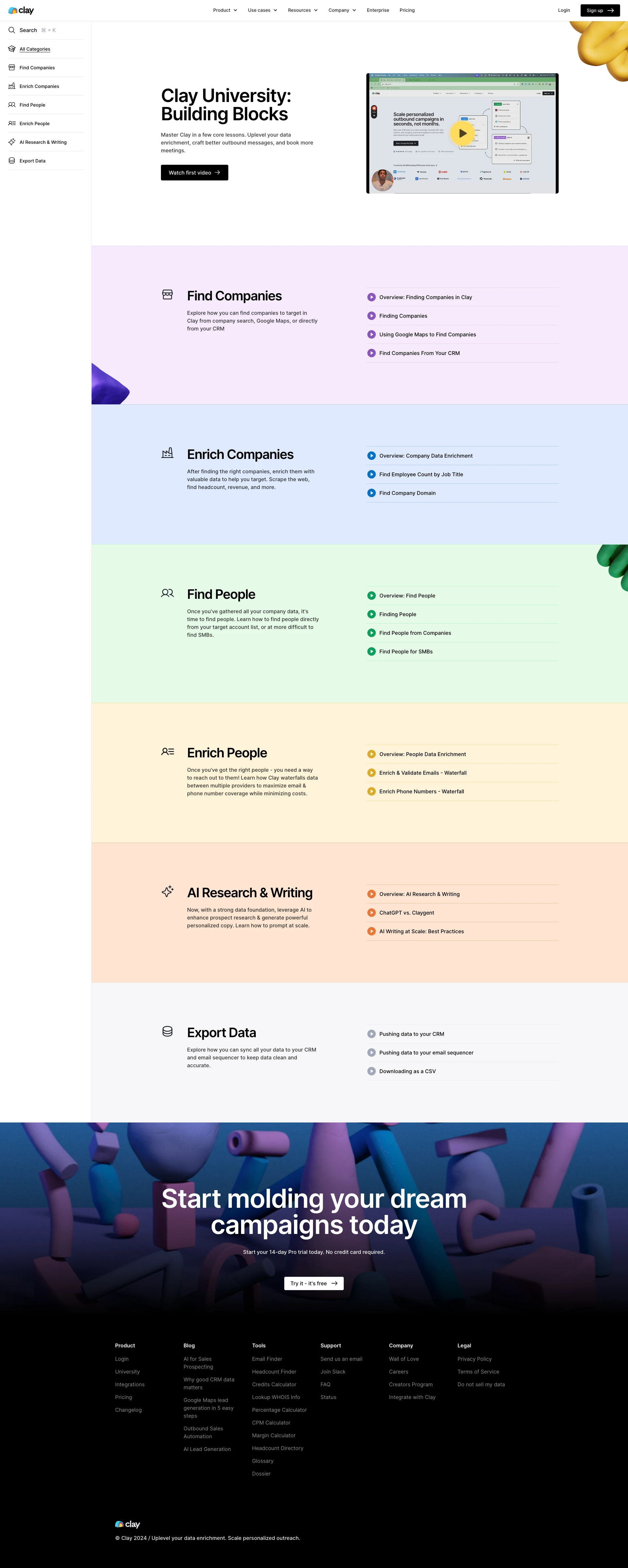 Clay Landing Page Example: Implement your creative growth ideas to build pipeline for your sales team. First, maximize your data coverage with 75+ enrichment tools and our AI agent. Then, use AI to craft the perfect outreach.