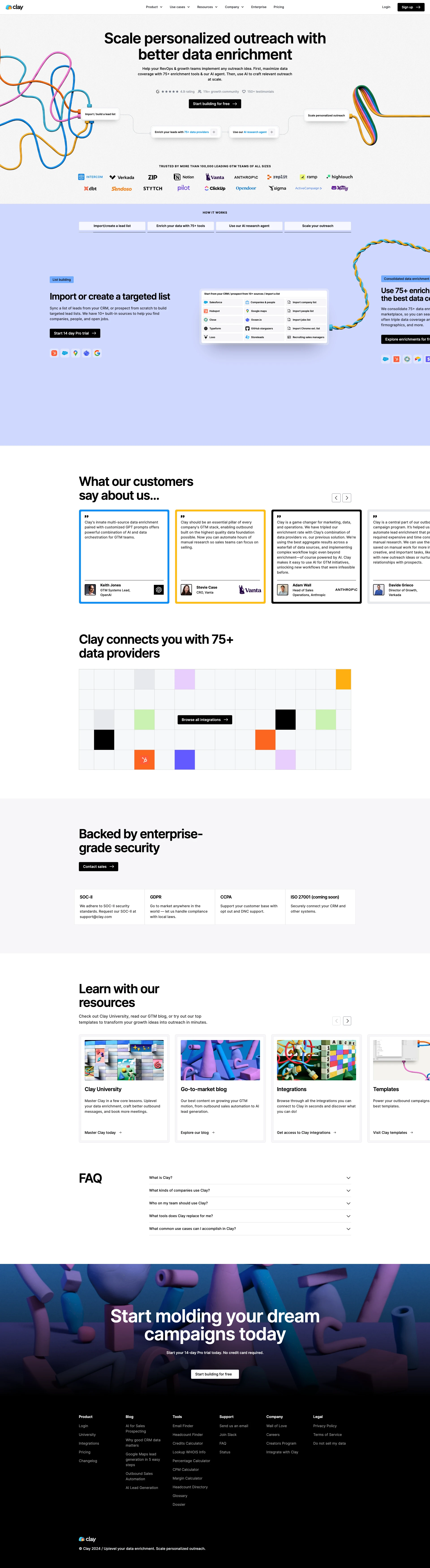 Clay Landing Page Example: Implement your creative growth ideas to build pipeline for your sales team. First, maximize your data coverage with 75+ enrichment tools and our AI agent. Then, use AI to craft the perfect outreach.