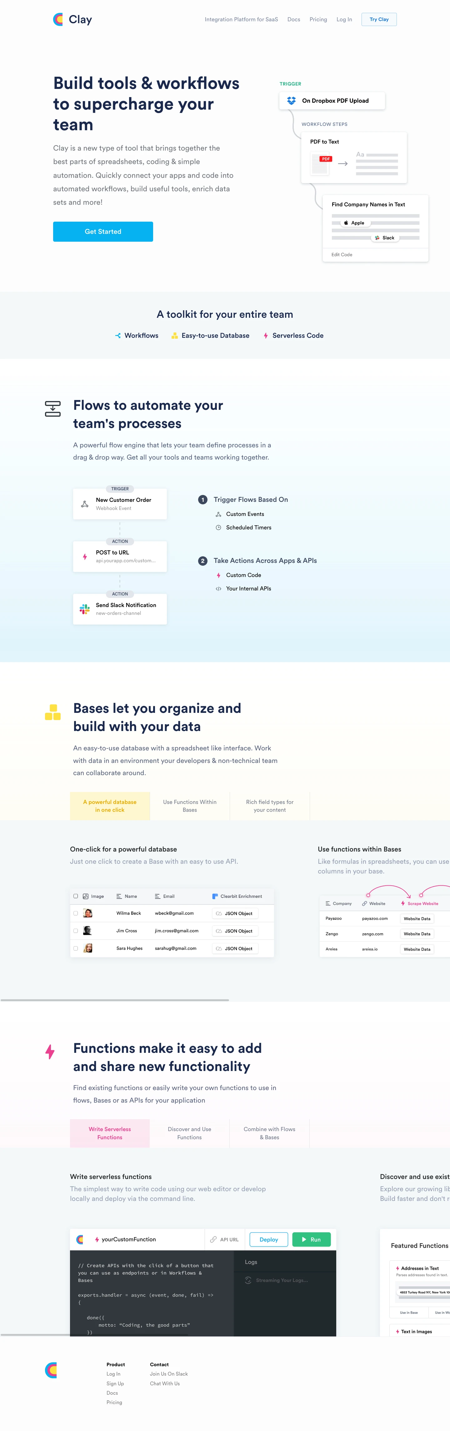 Clay Landing Page Example: Clay is a new type of tool that brings together the best parts of spreadsheets, coding & simple automation. Quickly connect your apps and code into automated workflows, build useful tools, enrich data sets and more!