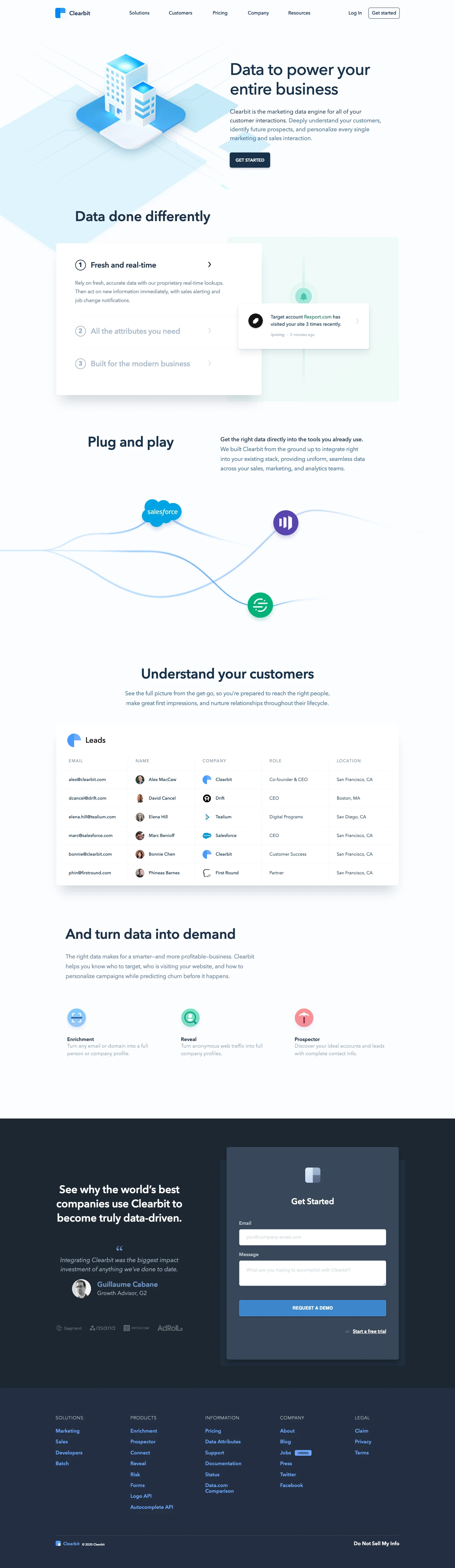 Clearbit Landing Page Example: Clearbit is the marketing data engine for all of your customer interactions. Deeply understand your customers, identify future prospects, and personalize every single marketing and sales interaction. 