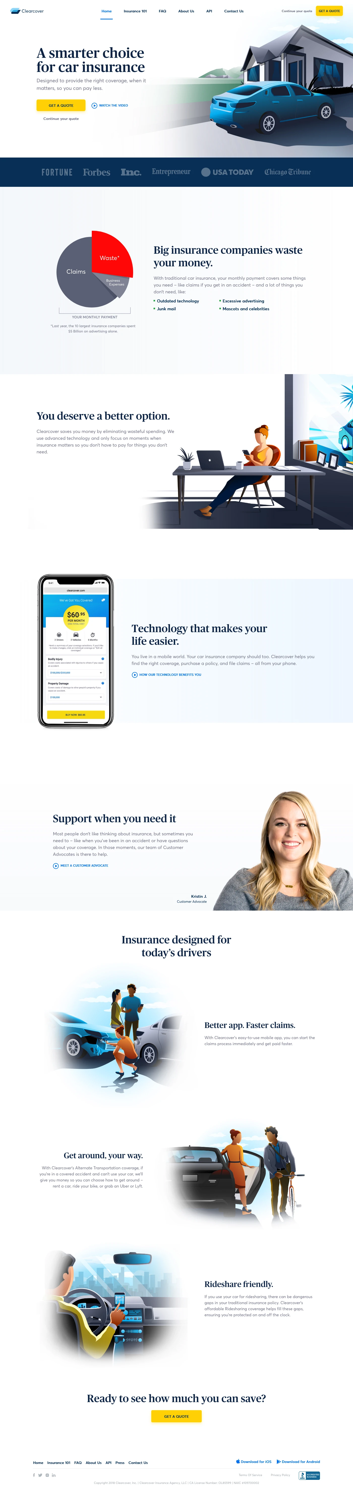 Clearcover Insurance Landing Page Example: Clearcover is a smarter auto insurance company. We save you money by only talking to you about insurance in moments that matter.