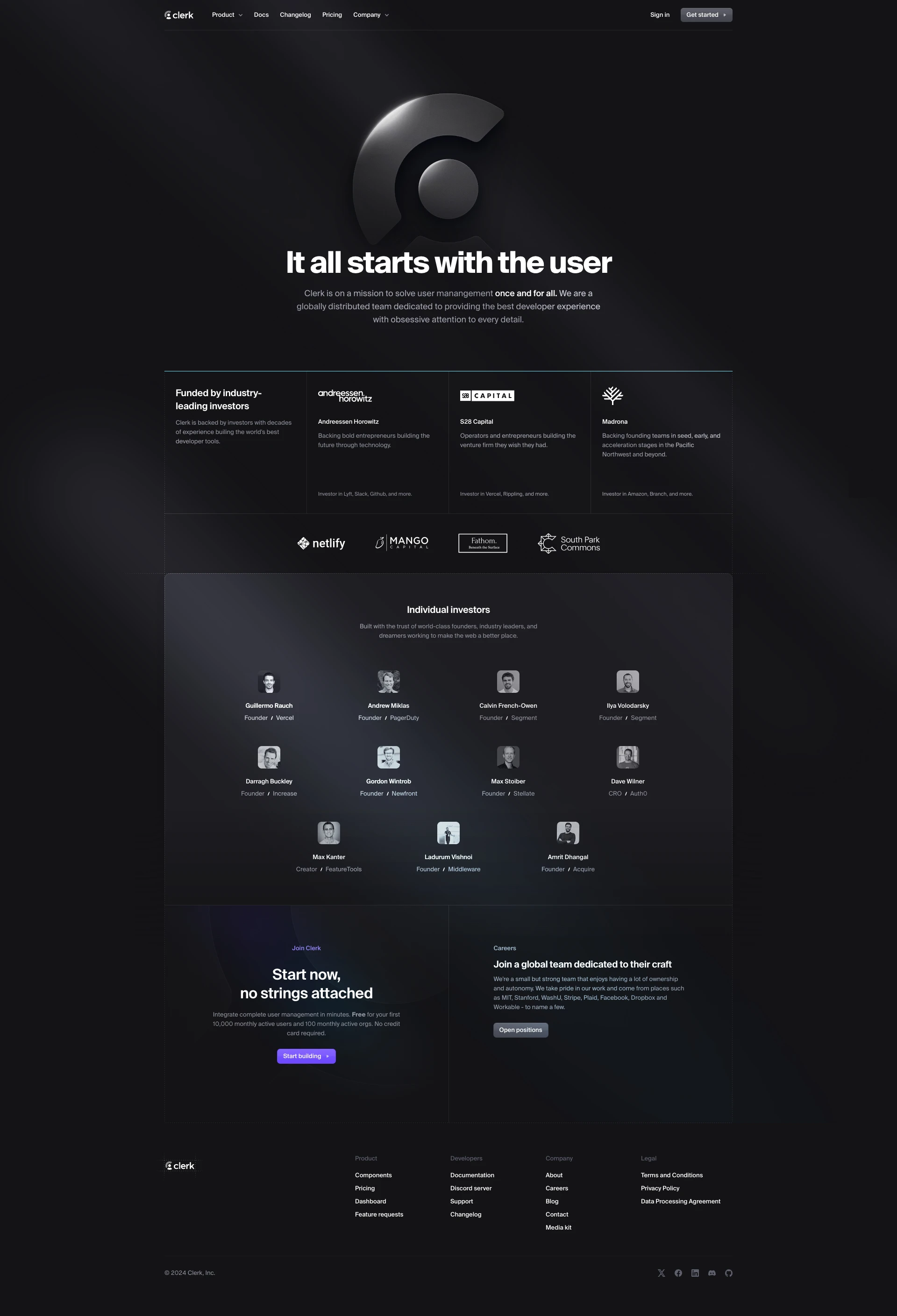 Clerk Landing Page Example: The most comprehensive User Management Platform. Need more than just a sign-in box? Clerk is a complete suite of embeddable UIs, flexible APIs, and admin dashboards to authenticate and manage your users.