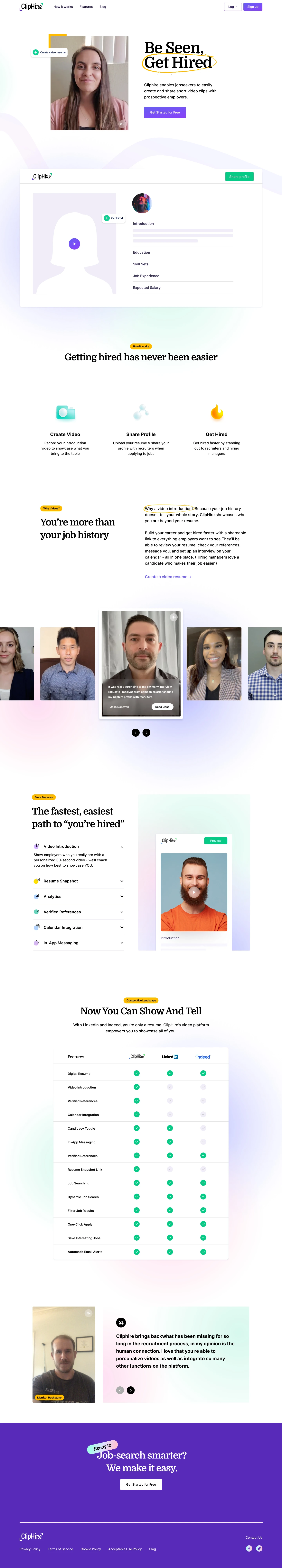 Cliphire Landing Page Example: Create a simple and personalized video resume that makes you stand out. Create a video resume with Cliphire to apply for job vacancies across top companies in the USA.