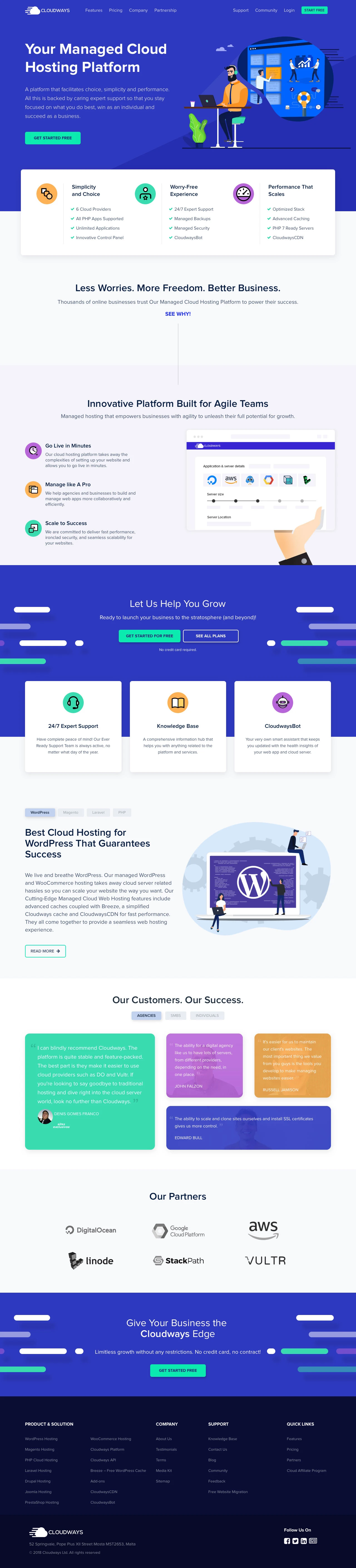 Cloudways Landing Page Example: A platform that facilitates choice, simplicity and performance. All this is backed by caring expert support so that you stay focused on what you do best, win as an individual and succeed as a business.