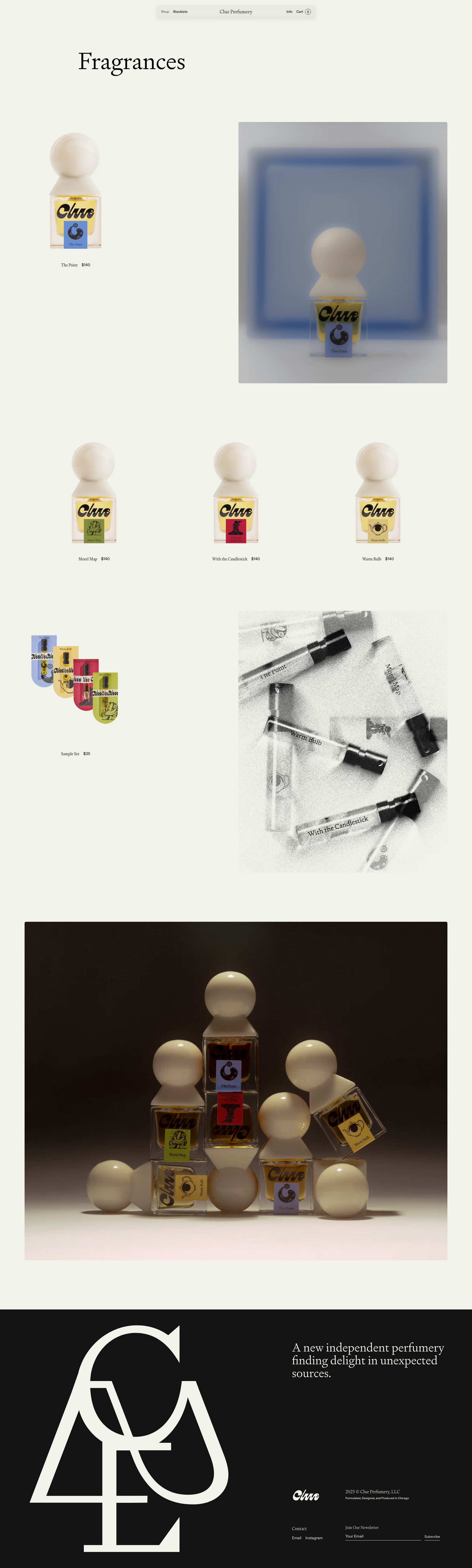 Clue Perfumery Landing Page Example: A new perfumery finding delight in unexpected sources. Drawing upon surprising references, Clue’s work balances surreal vignettes with the familiar appeal of perfume.