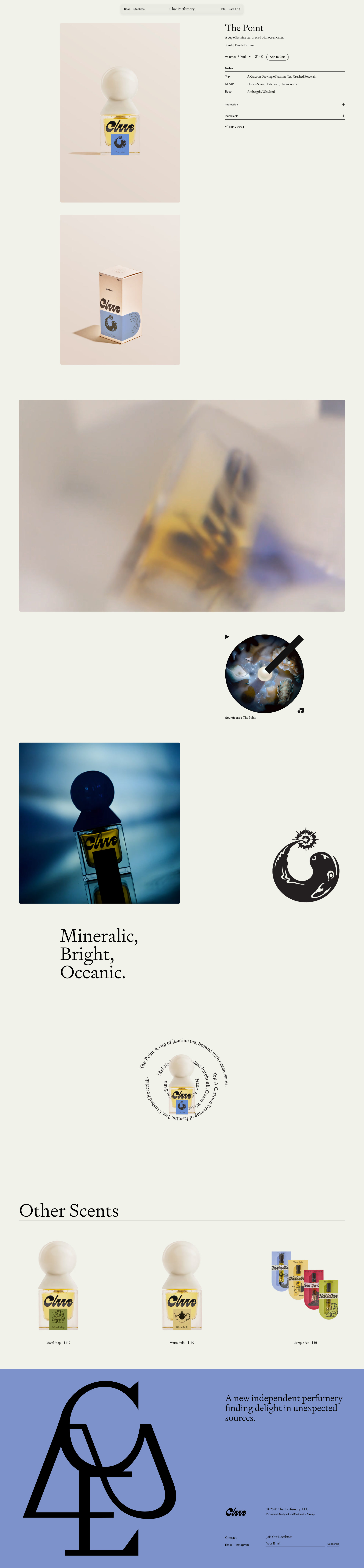 Clue Perfumery Landing Page Example: A new perfumery finding delight in unexpected sources. Drawing upon surprising references, Clue’s work balances surreal vignettes with the familiar appeal of perfume.