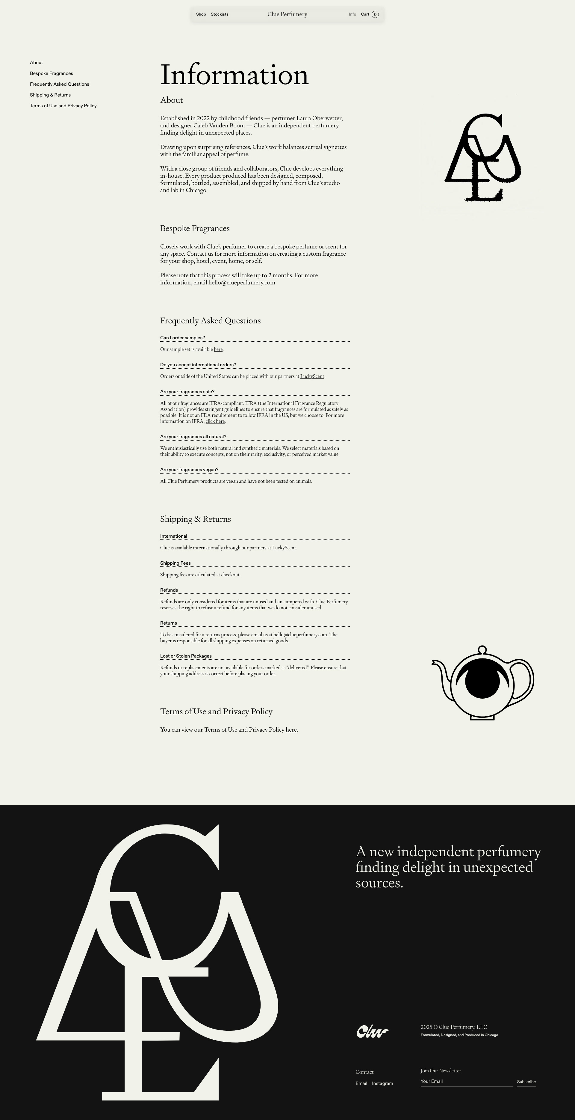 Clue Perfumery Landing Page Example: A new perfumery finding delight in unexpected sources. Drawing upon surprising references, Clue’s work balances surreal vignettes with the familiar appeal of perfume.