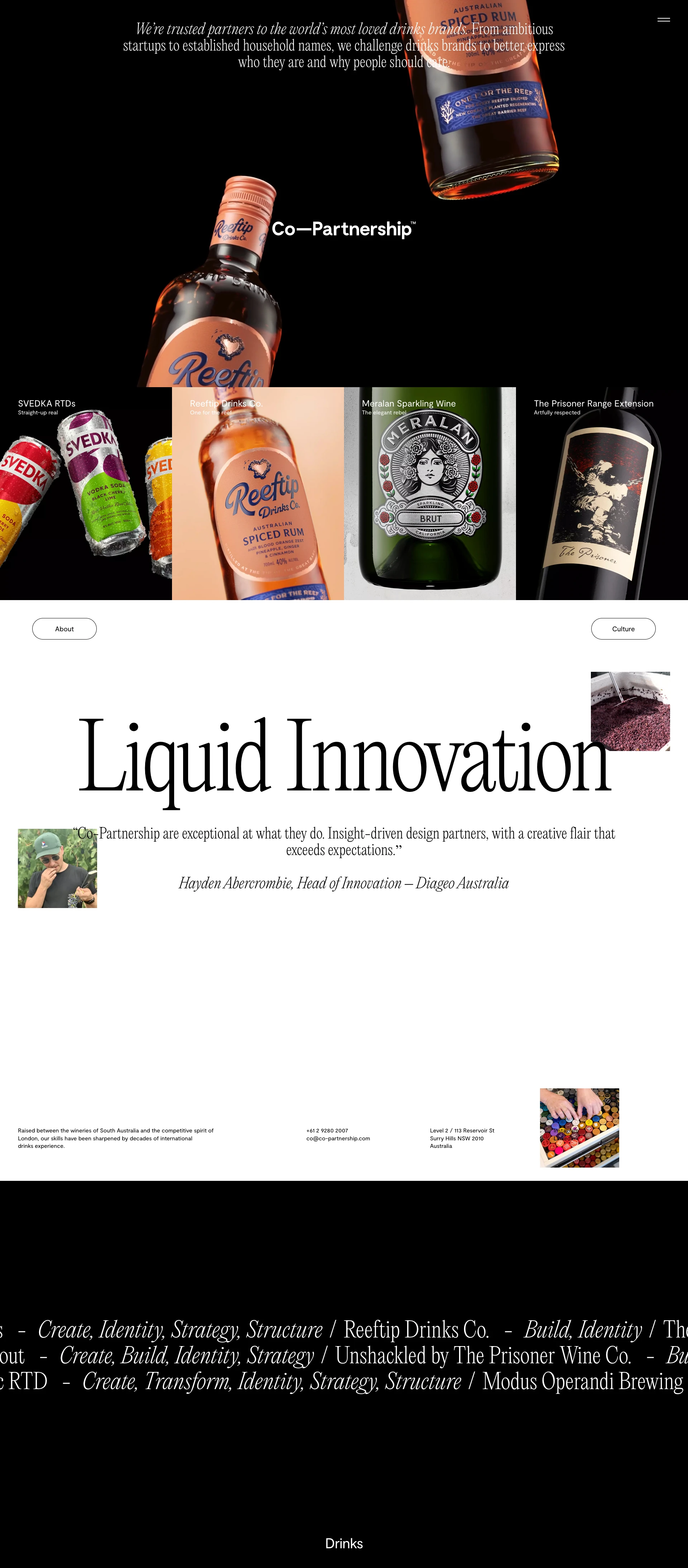 Co-Partnership Landing Page Example: We are a branding and packaging design agency, committed to creating brands worth remembering. We’re trusted partners to the world’s most loved drinks brands. From ambitious startups to established household names, we challenge drinks brands to better express who they are and why people should care.