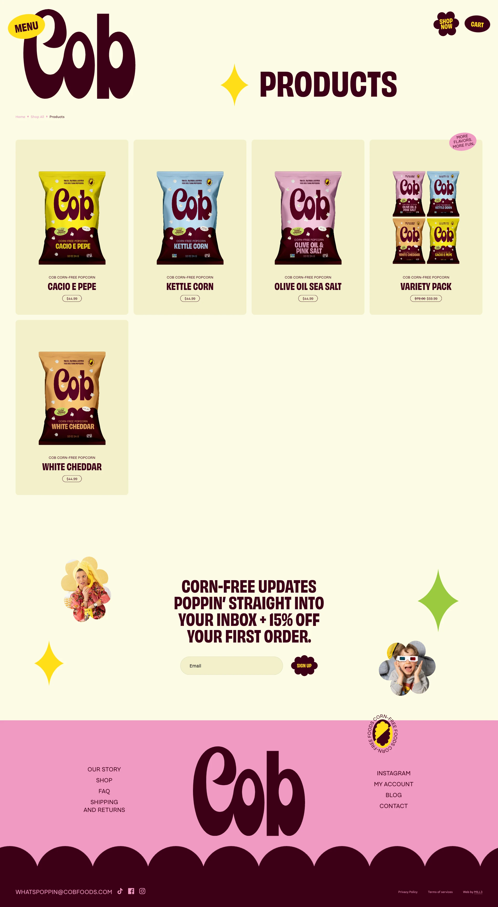 Cob Landing Page Example: The first corn-free brand in America, Cob is making European style snack foods that are completely corn-free. Their first product is corn-free popcorn made from ancient supergrain, popped sorghum.