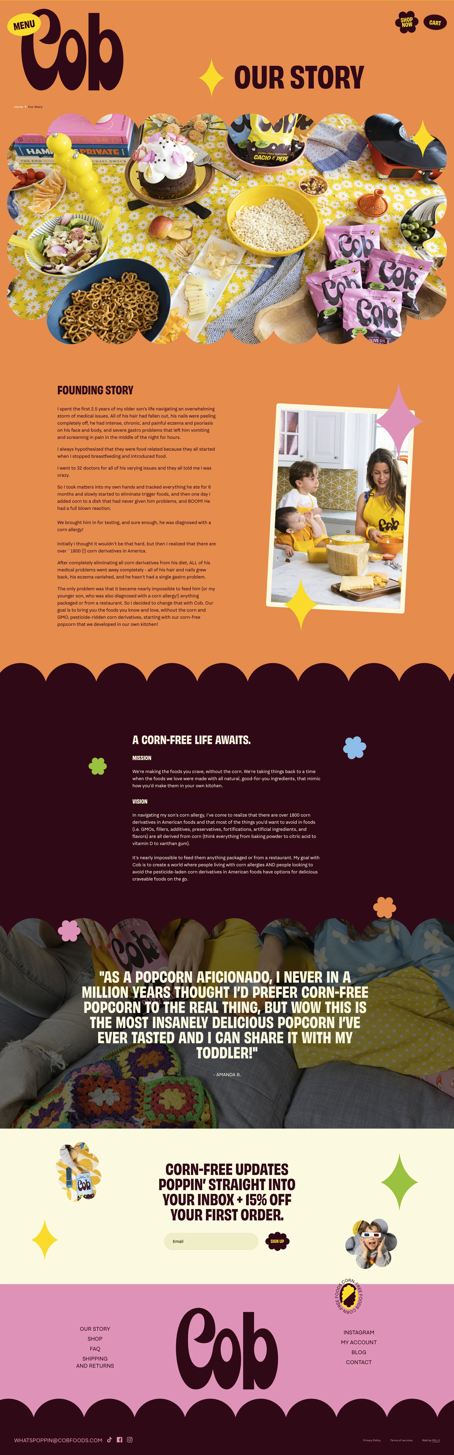 Cob Landing Page Example: The first corn-free brand in America, Cob is making European style snack foods that are completely corn-free. Their first product is corn-free popcorn made from ancient supergrain, popped sorghum.