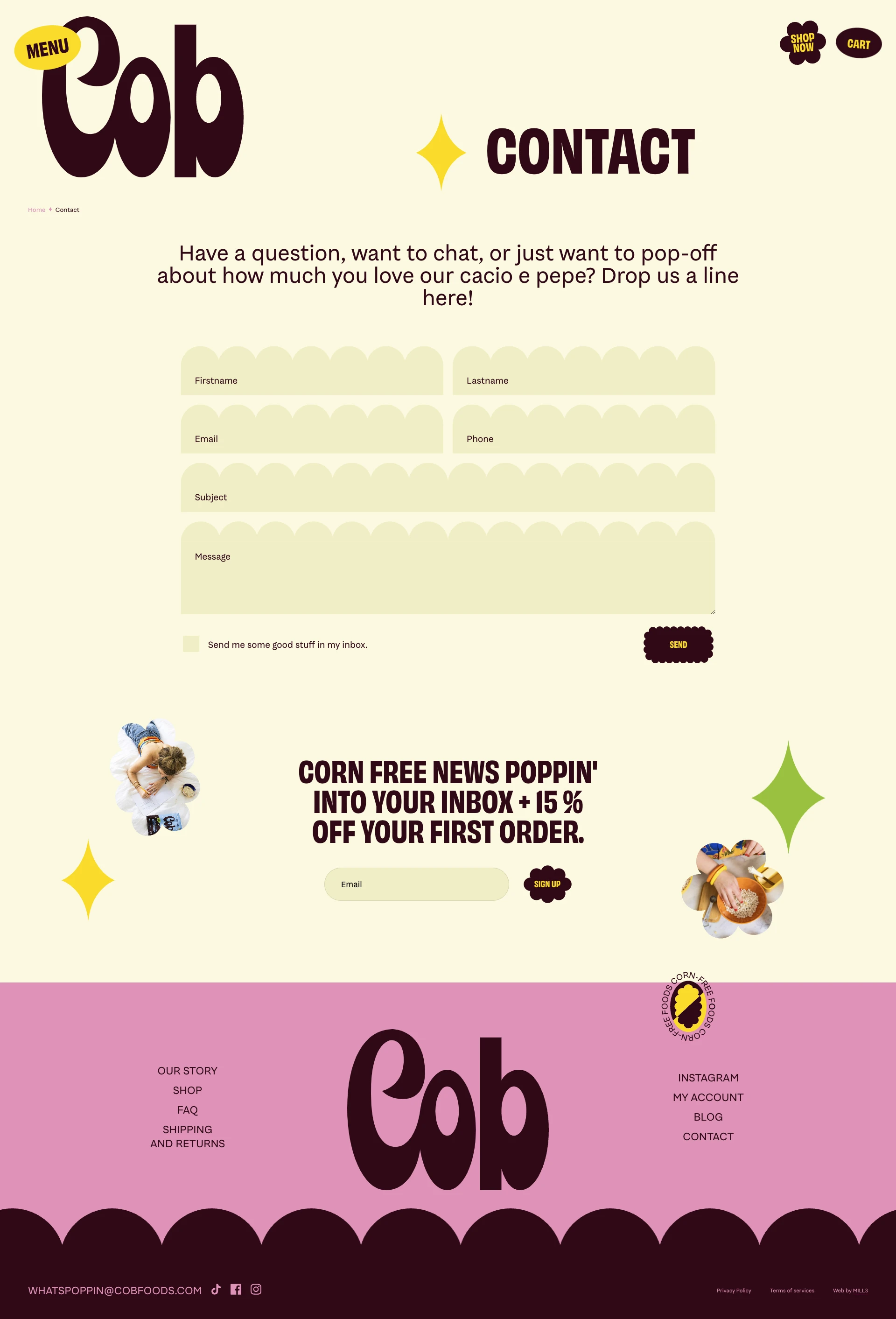 Cob Landing Page Example: The first corn-free brand in America, Cob is making European style snack foods that are completely corn-free. Their first product is corn-free popcorn made from ancient supergrain, popped sorghum.