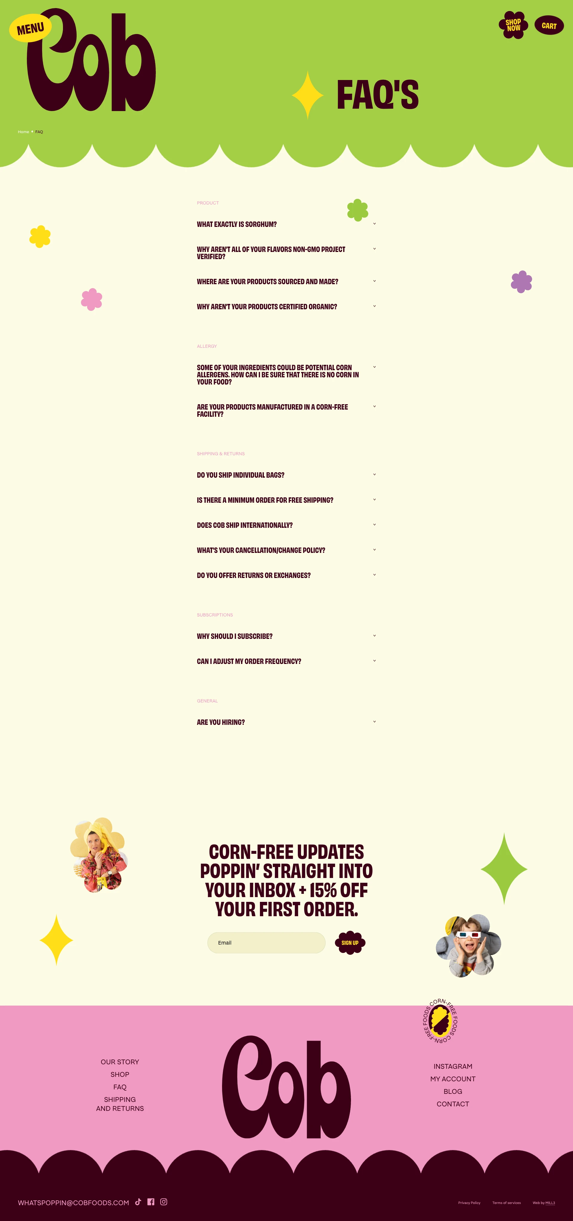 Cob Landing Page Example: The first corn-free brand in America, Cob is making European style snack foods that are completely corn-free. Their first product is corn-free popcorn made from ancient supergrain, popped sorghum.