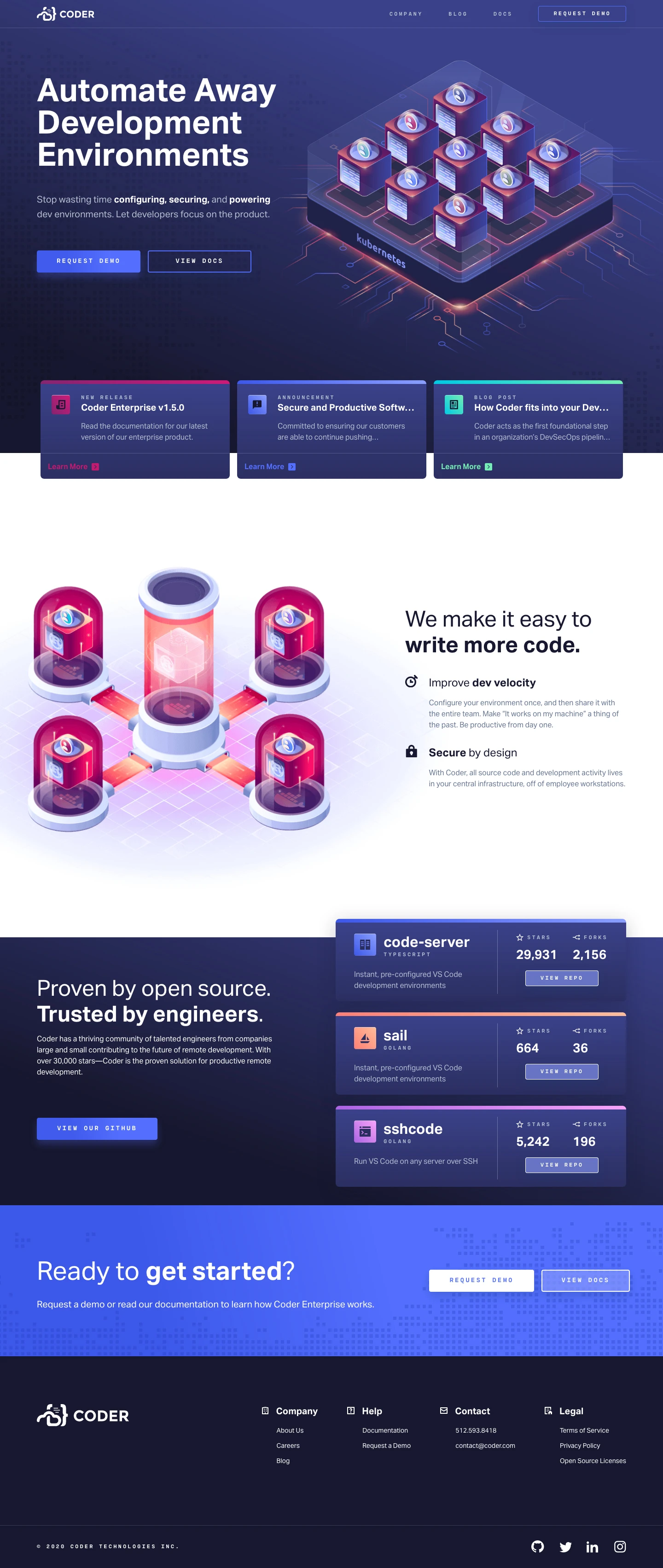 Coder Landing Page Example: Coder provides open-source tools and an enterprise platform that makes it easier than ever to configure, secure and scale development environments.