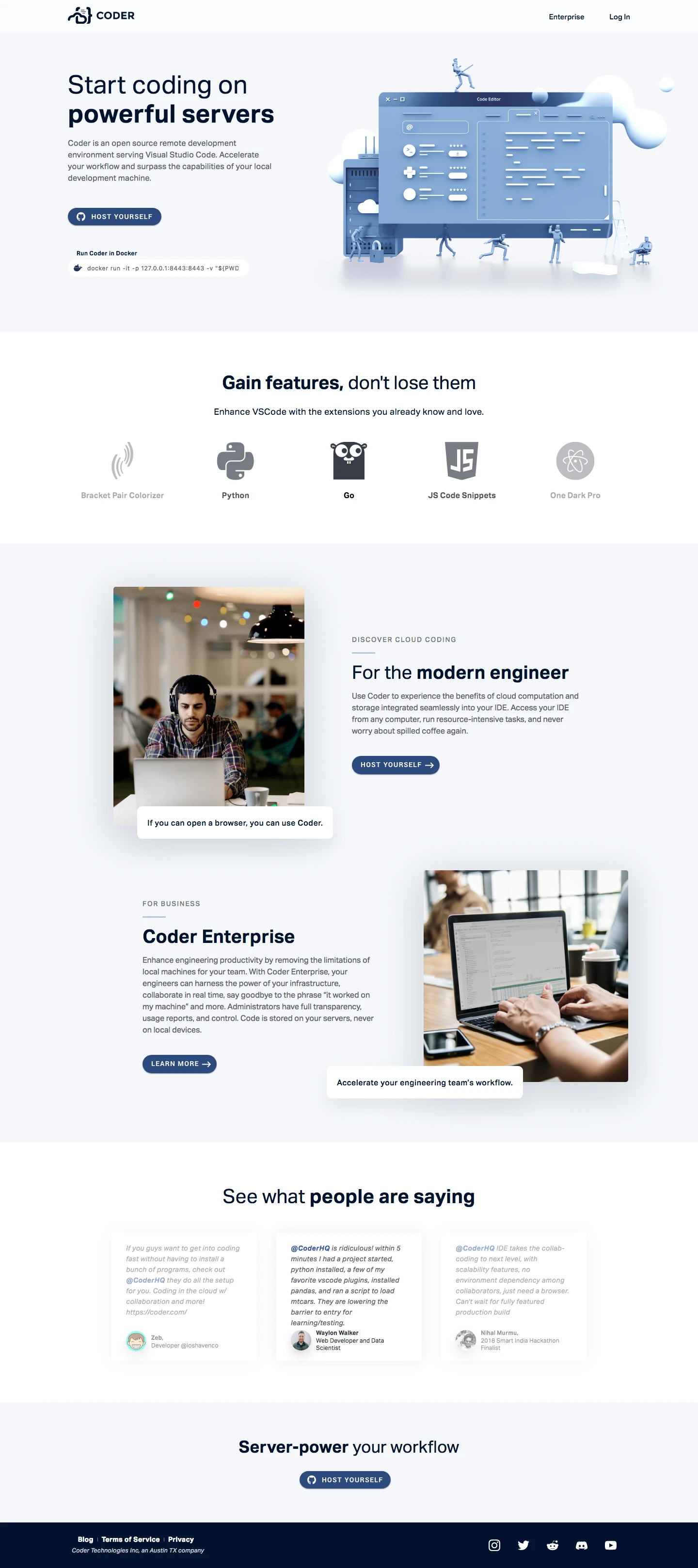 Coder Landing Page Example: Coder is an open source remote development environment serving Visual Studio Code. Accelerate your workflow and surpass the capabilities of your local development machine.