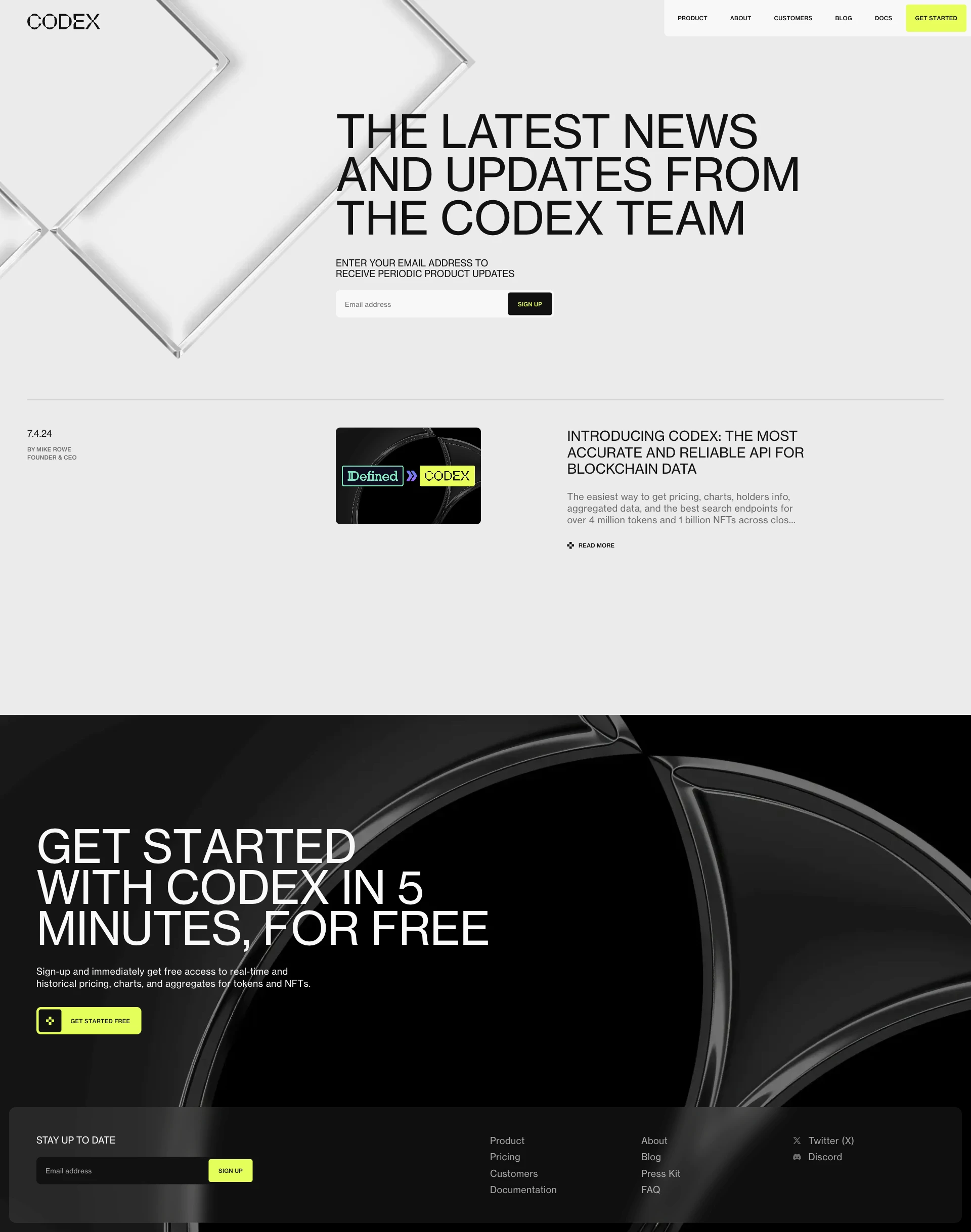 Codex Landing Page Example: Real-time, enriched blockchain data for 4.5 million+ tokens & 1 billion NFTs on 57 networks.
