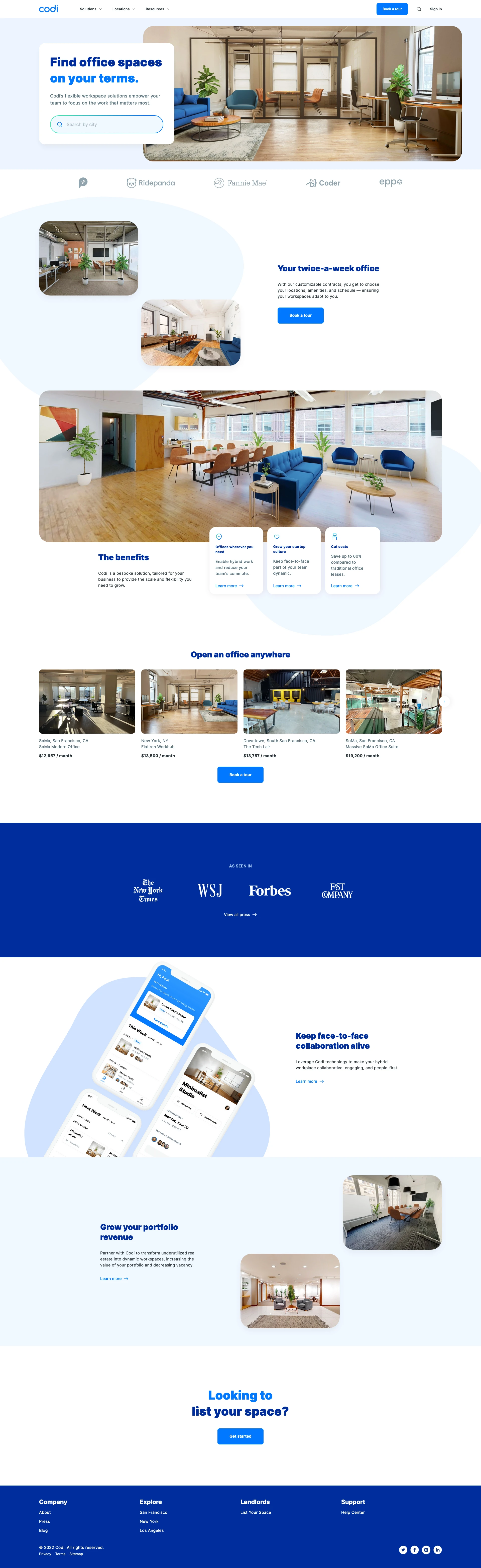 Codi Landing Page Example: Codi is the most flexible office space platform that adapts to your team’s hybrid work needs as you grow. With our customizable contracts, you get to choose your locations, amenities, and schedule, ensuring your workspaces adapt to you.
