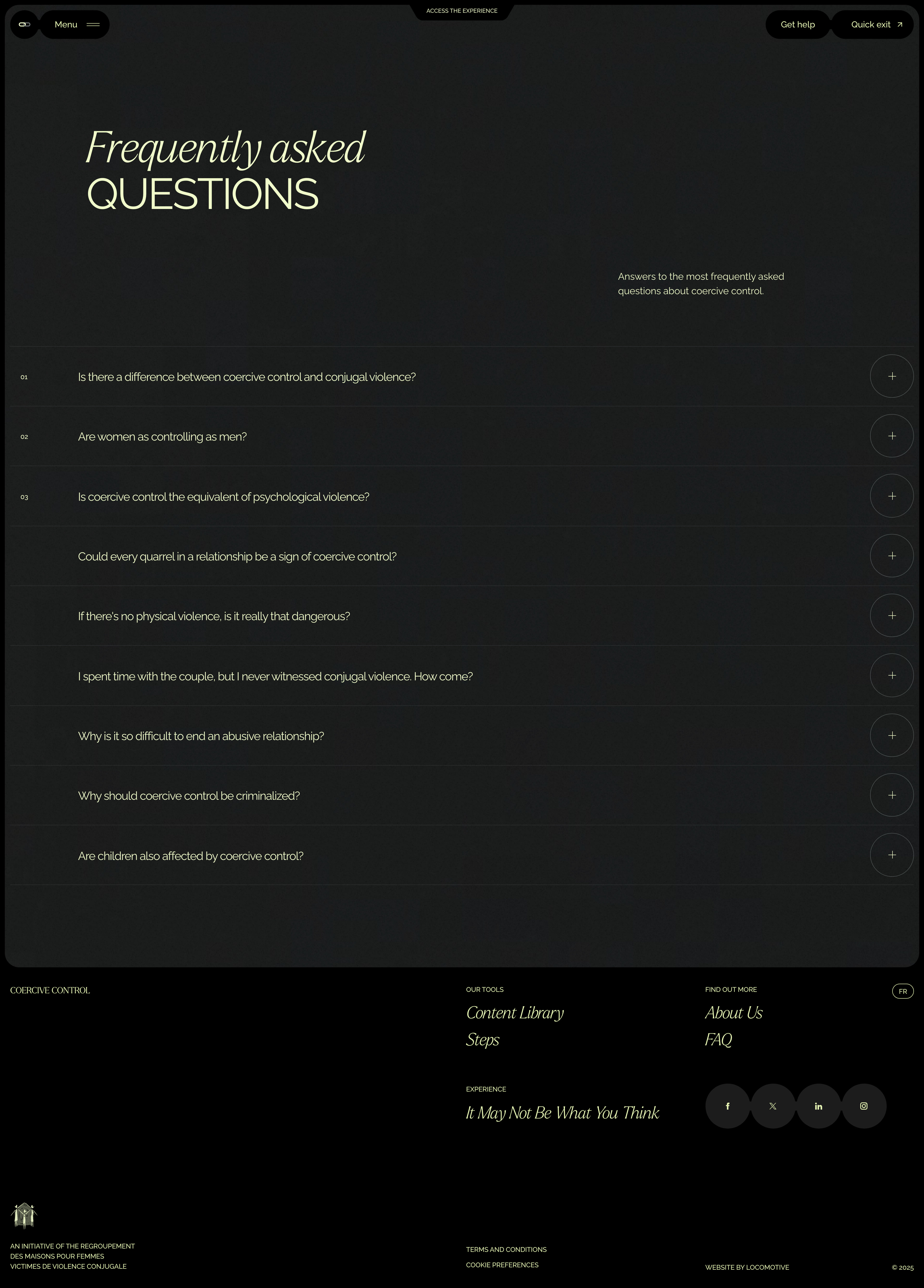 Coercive Control Landing Page Example: The true face of conjugal violence. A reference platform dedicated to coercive control and aimed at better protecting women and children who are its victims.