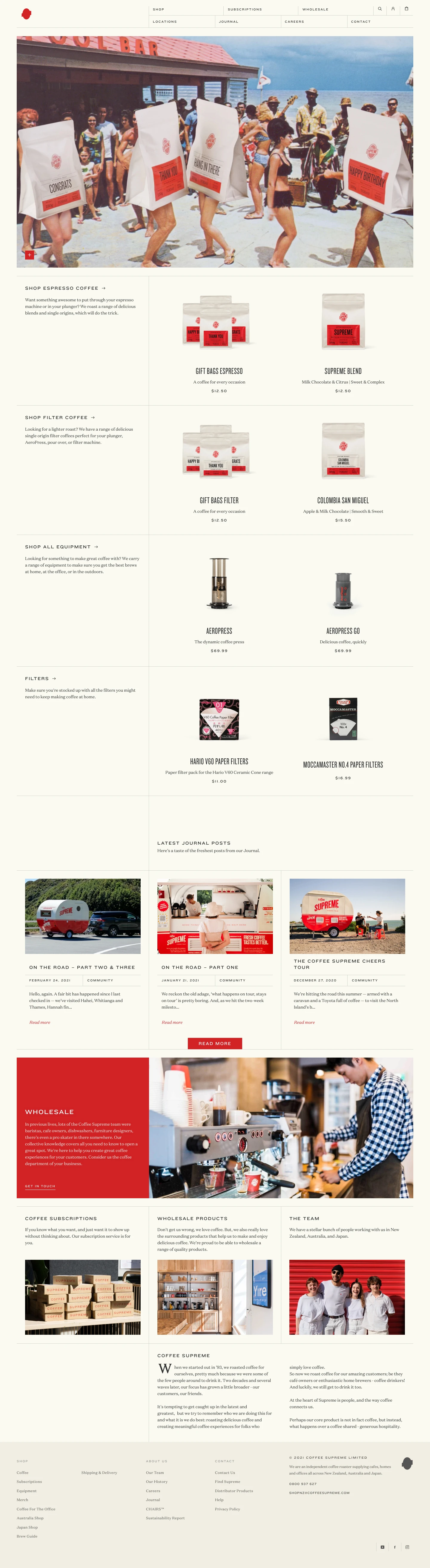 Coffee Supreme Landing Page Example: Fresh coffee delivered wherever you are. The Coffee Supreme online shop carries a wide range of freshly roasted specialty coffee and brew gear for both home and the office. Delivering worldwide.