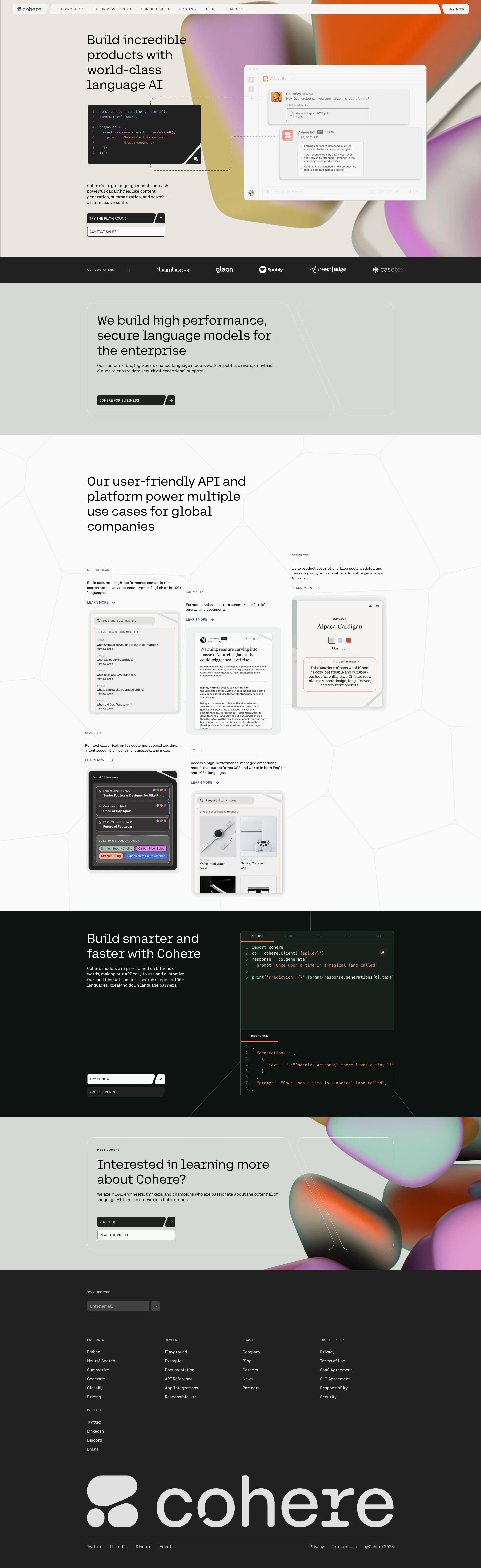 Cohere Landing Page Example: Building the Future of AI. Cohere provides access to advanced Large Language Models and NLP tools through one easy-to-use API.