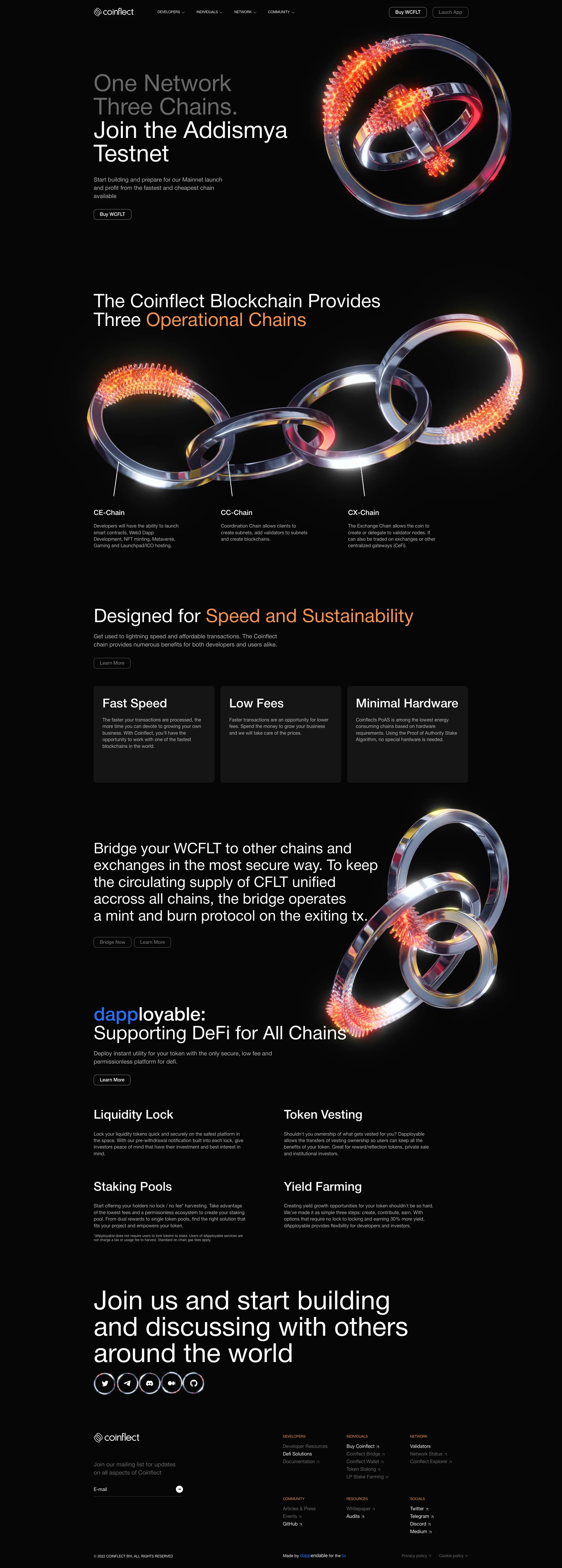 Coinflect Landing Page Example: Designed for Speed and Sustainability. Get used to lightning speed and affordable transactions. The Coinflect chain provides numerous benefits for both developers and users alike.
