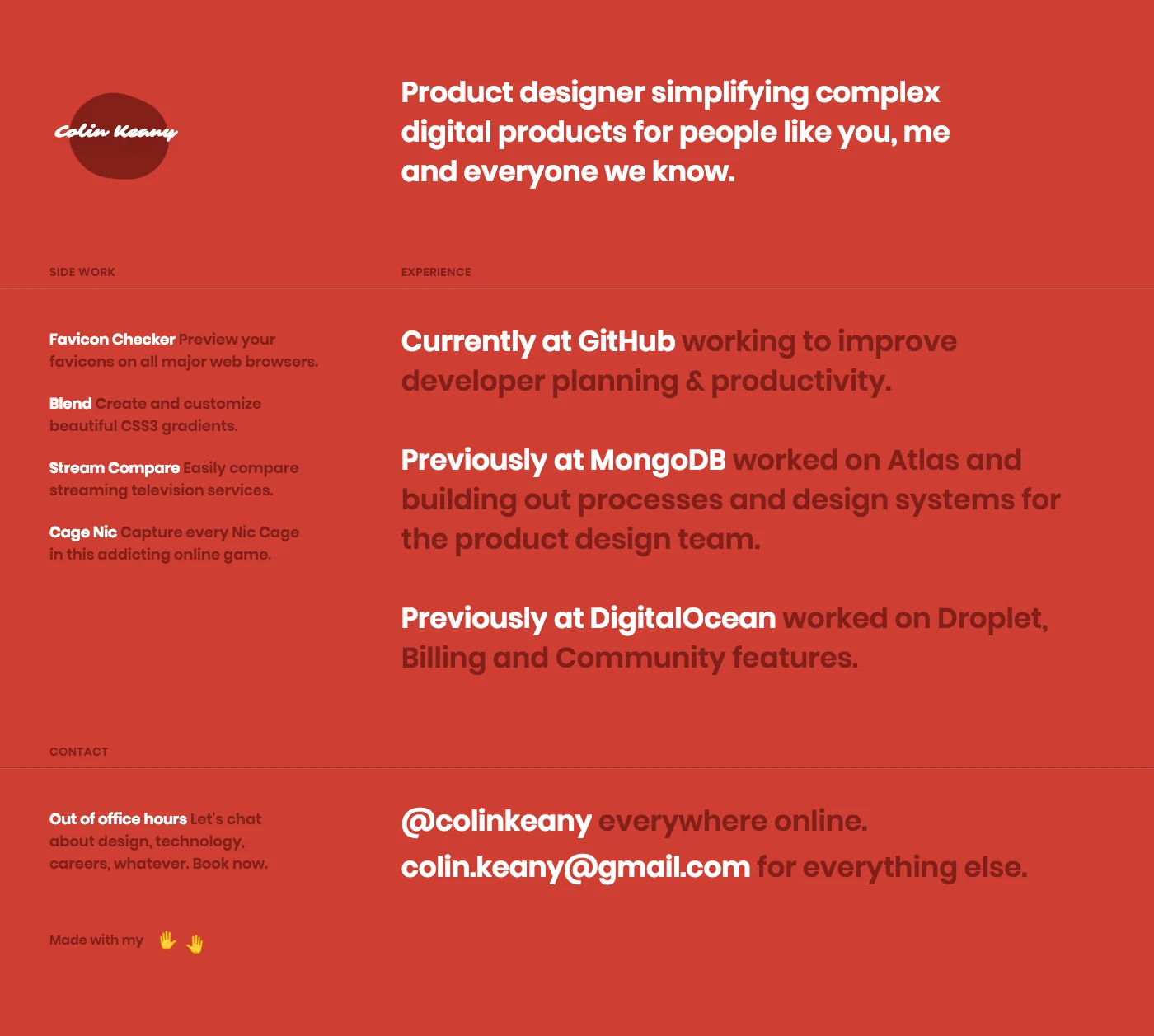 Colin Keany Landing Page Example: Product designer simplifying complex digital products for people like you, me and everyone we know.