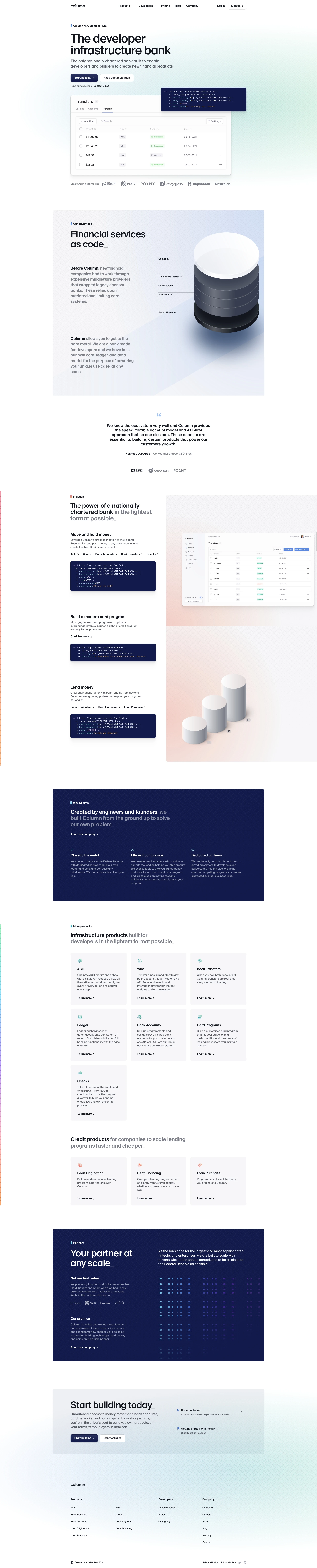 Column Landing Page Example: The developer infrastructure bank. The only nationally chartered bank built to enable developers and builders to create new financial products.